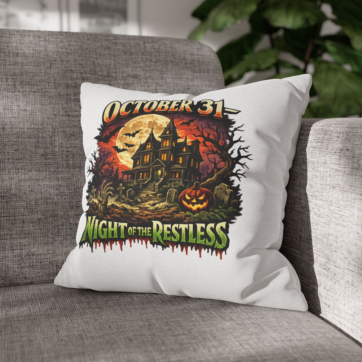 Halloween Pillowcase - "October 31 Night of the Restless" Haunted House Decorative Square Pillow Cover