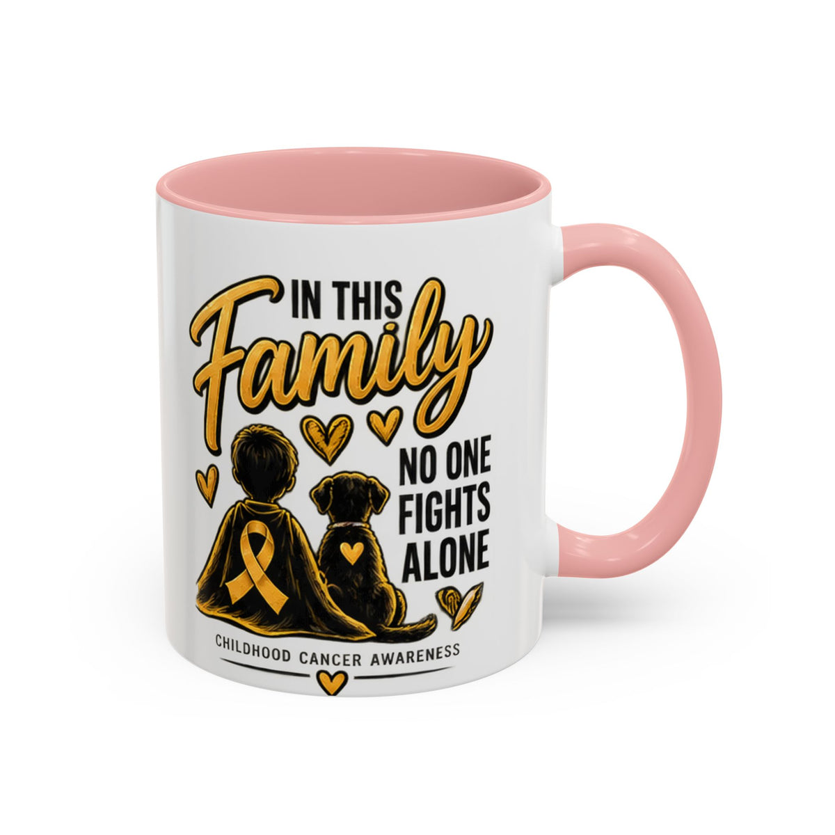 Childhood Cancer Awareness Accent Coffee Mug – "In This Family No One Fights Alone" (11/15oz)