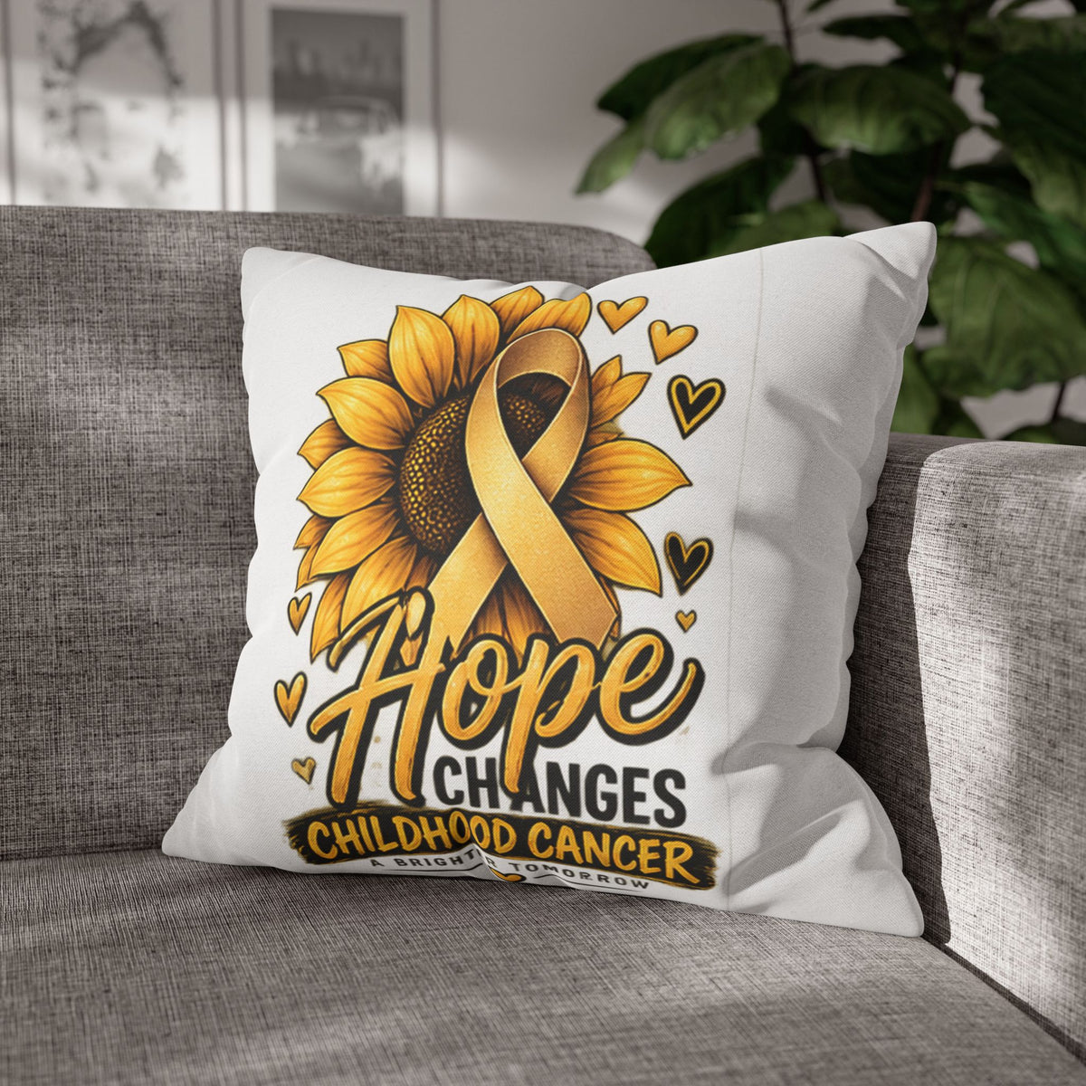 Childhood Cancer Awareness Pillow — "Hope Changes Childhood Cancer" Sunflower Ribbon Cushion