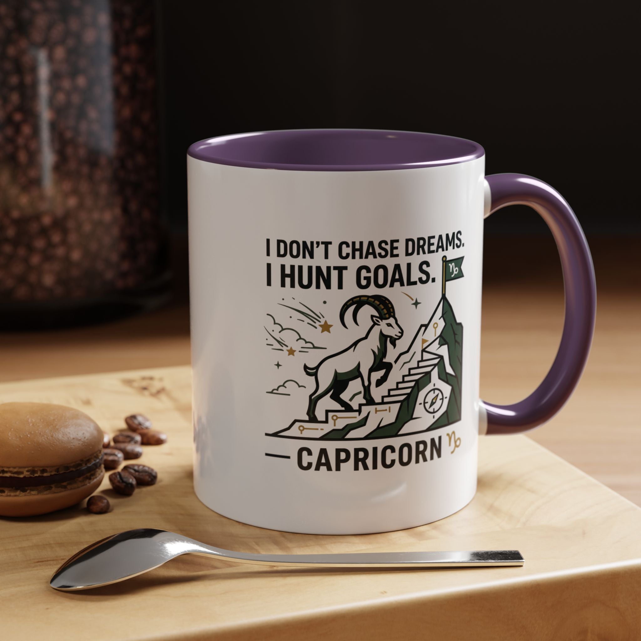 Capricorn Coffee Mug — “I Don't Chase Dreams, I Hunt Goals” Zodiac Accent Mug