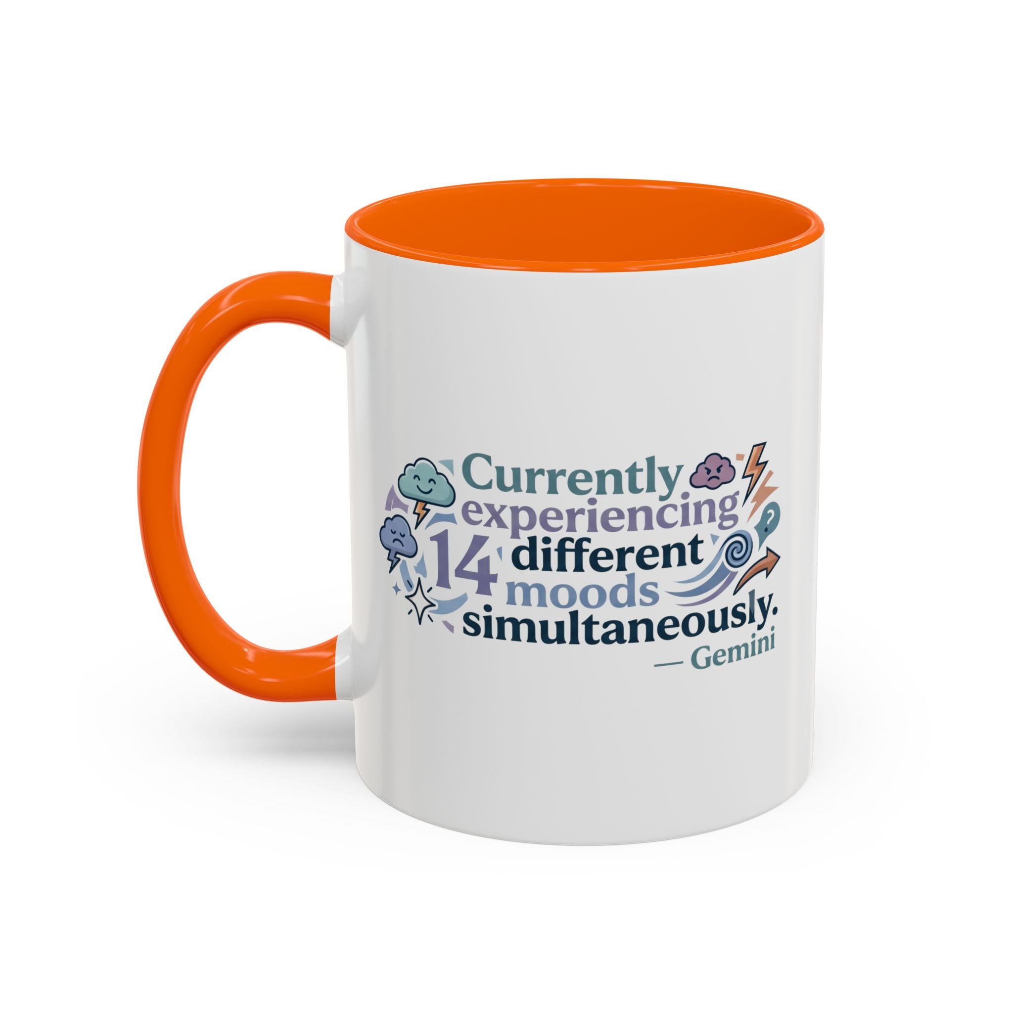 Gemini Mood Coffee Mug — "Currently Experiencing 14 Different Moods" Accent Ceramic Mug