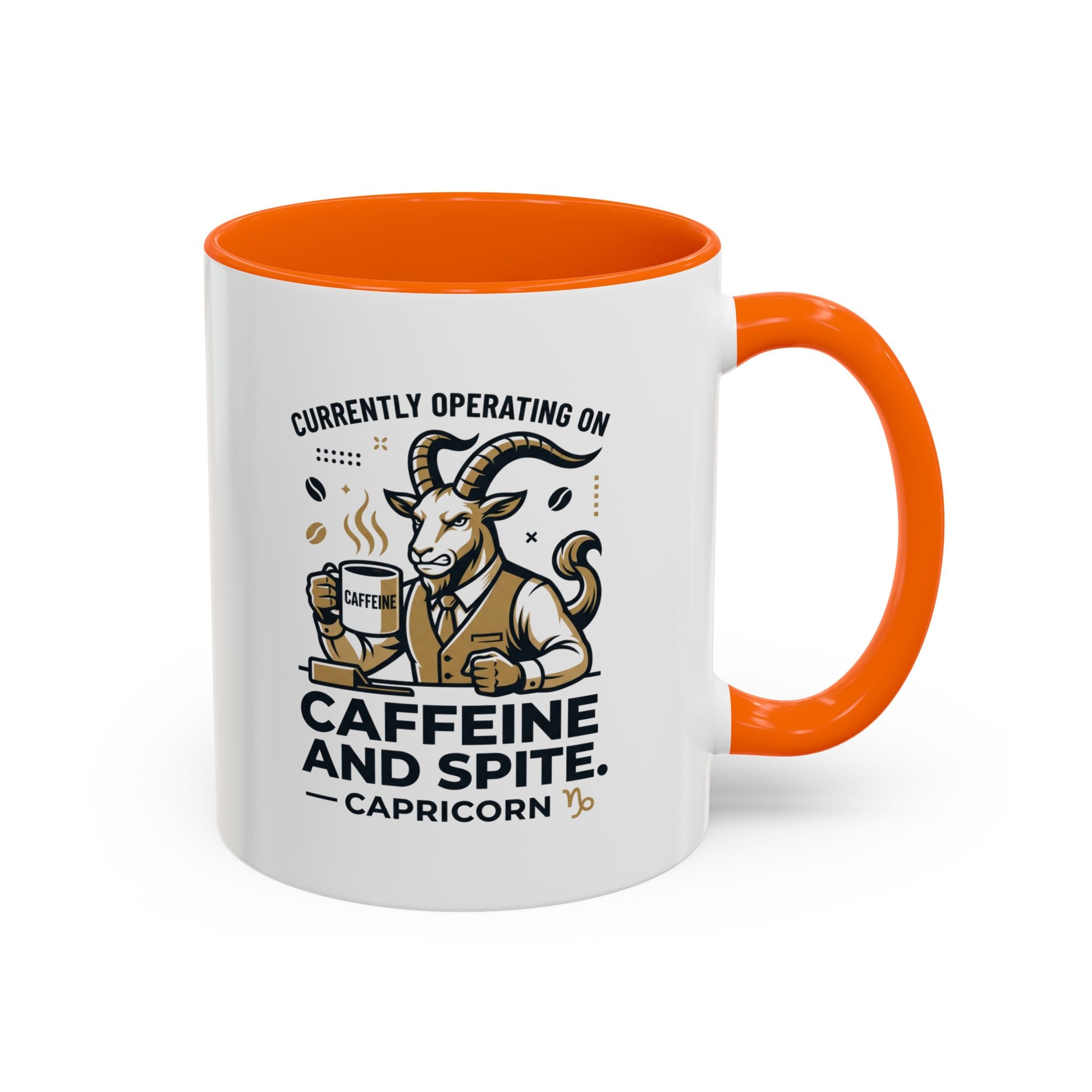 Capricorn Coffee Mug — “Currently Operating on Caffeine and Spite” Accent Mug (11/15oz)