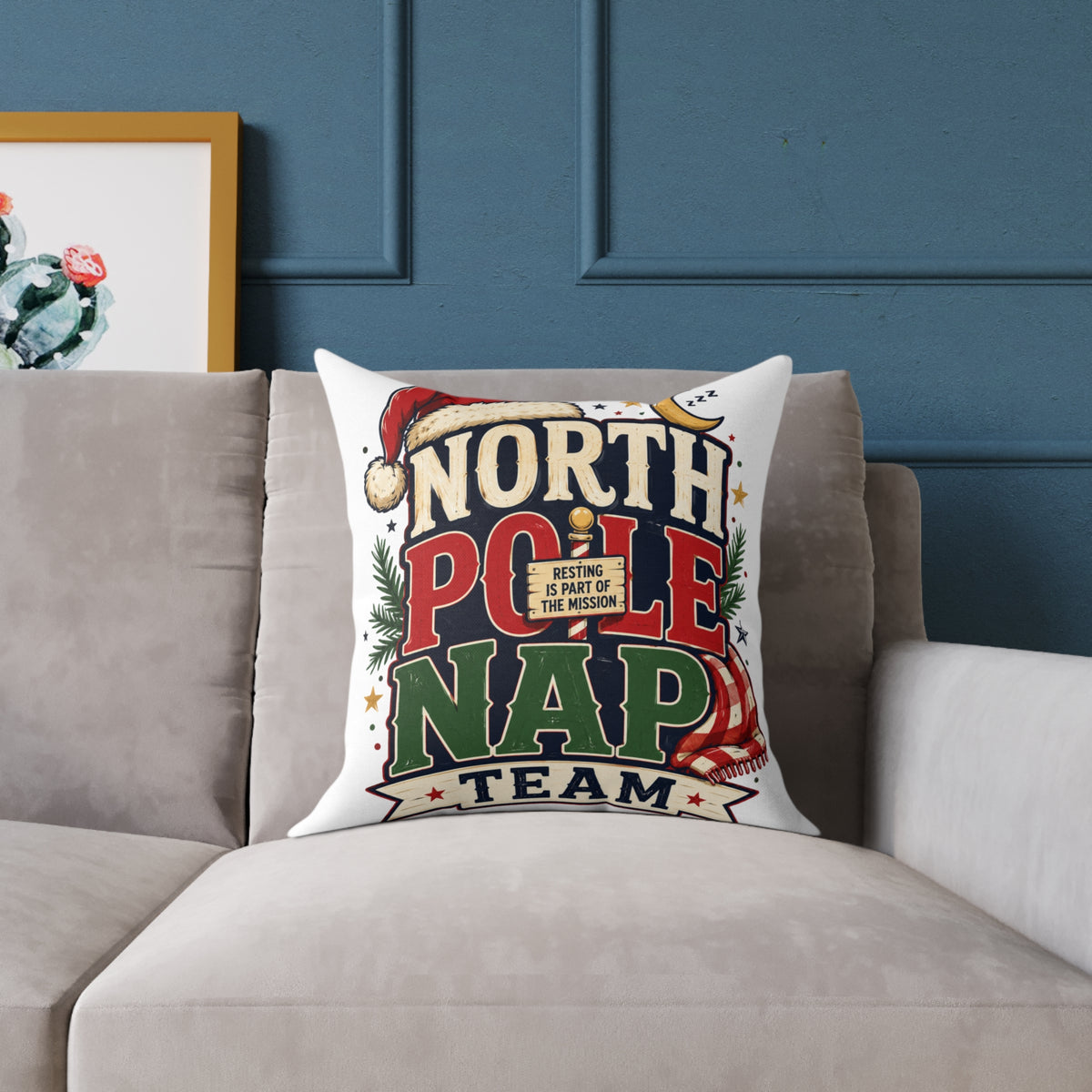 Christmas North Pole Nap Team Throw Pillow — Funny Christmas Holiday Decorative Cushion