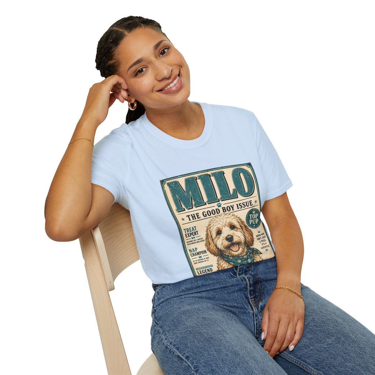 Milo 'The Good Boy Issue' Dog T‑Shirt — Vintage Puppy Magazine Design