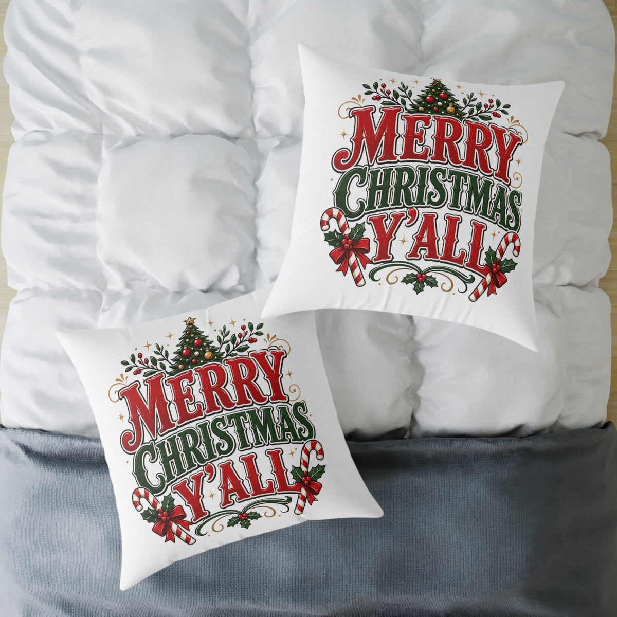 Merry Christmas Y'all Pillow — Festive Holiday Square Throw Pillow
