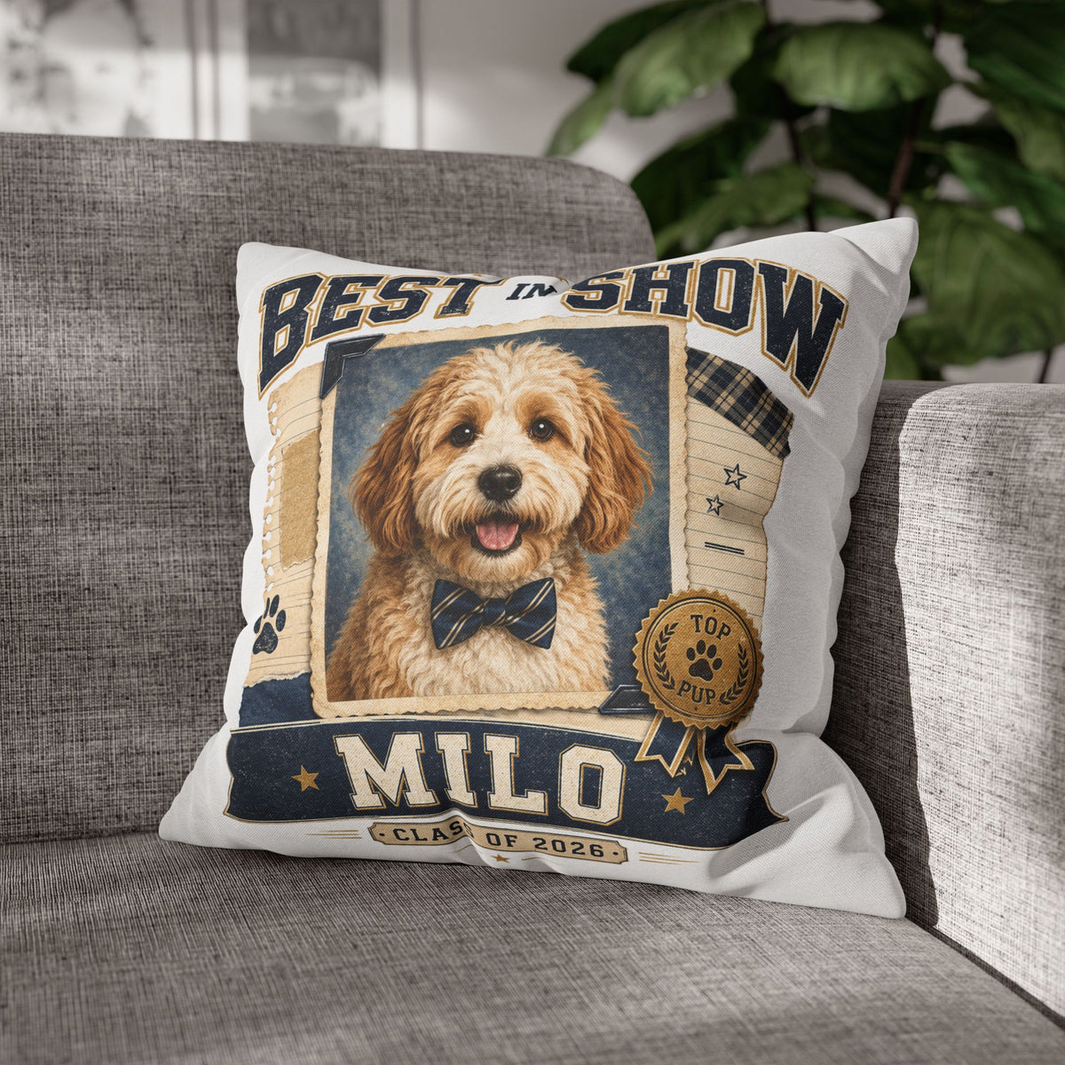 Best in Show Personalized Dog Pillowcase — 'Milo' Pet Portrait Throw Pillowcase Milo Bailey Dog Dad Mom