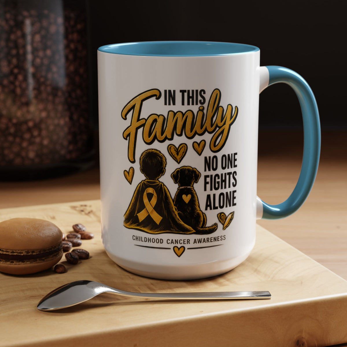 Childhood Cancer Awareness Accent Coffee Mug – "In This Family No One Fights Alone" (11/15oz)
