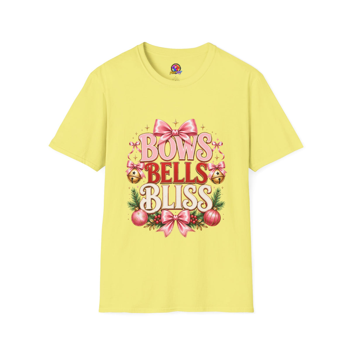 T-Shirt — "Bows Bells Bliss" Pink Holiday Graphic Tee