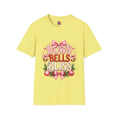 T-Shirt — "Bows Bells Bliss" Pink Holiday Graphic Tee