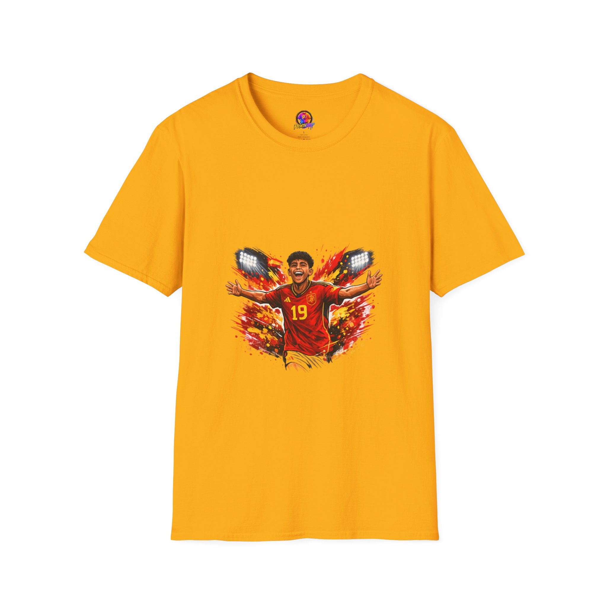 Spain Soccer Fan Portrait T‑Shirt – Fiery Goal Celebration Design