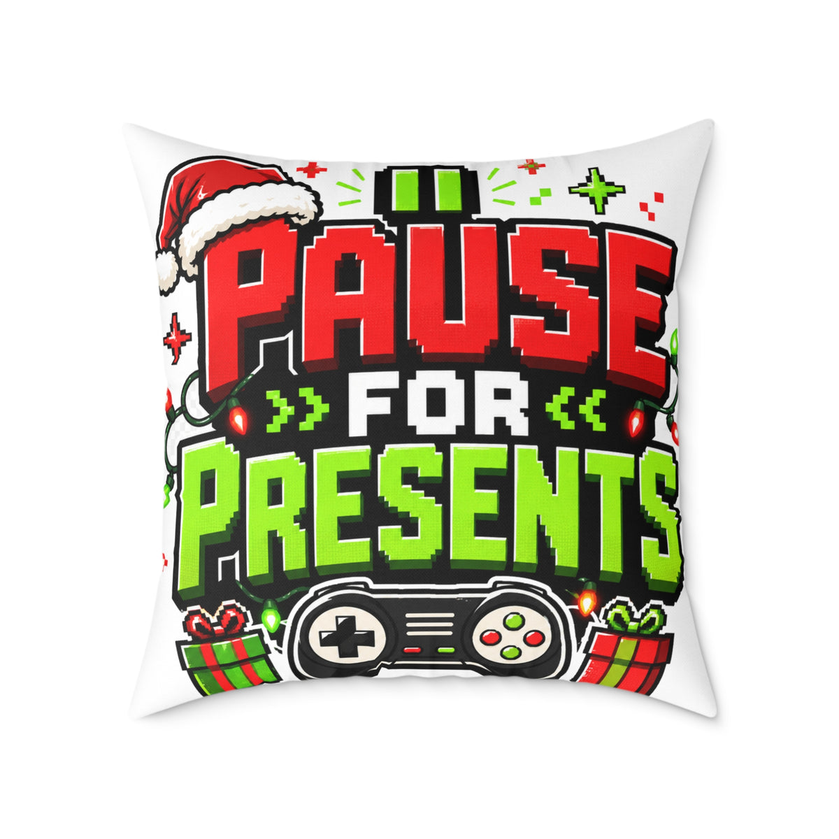 Modern Day Christmas Holiday Gamer Pillow — "Pause for Presents" Christmas Gaming Throw Pillow
