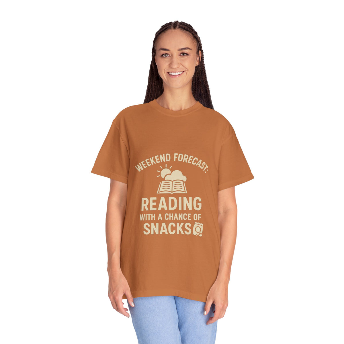 Reading & Snacks T-Shirt — "Weekend Forecast: Reading with a Chance of Snacks" - Trending Now - October 2026