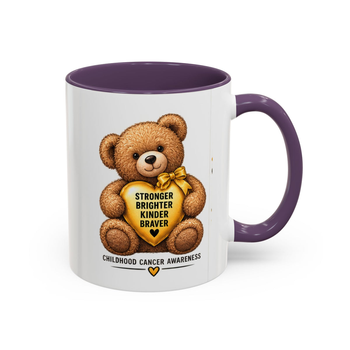 Childhood Cancer Awareness Coffee Mug — 'Stronger Brighter Kinder Braver' Teddy