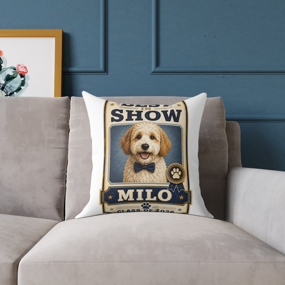 Dog Portrait Pillow -  Milo Bailey Dog Dad Mom "Best in Show" Personalized Milo Square Throw Pillow