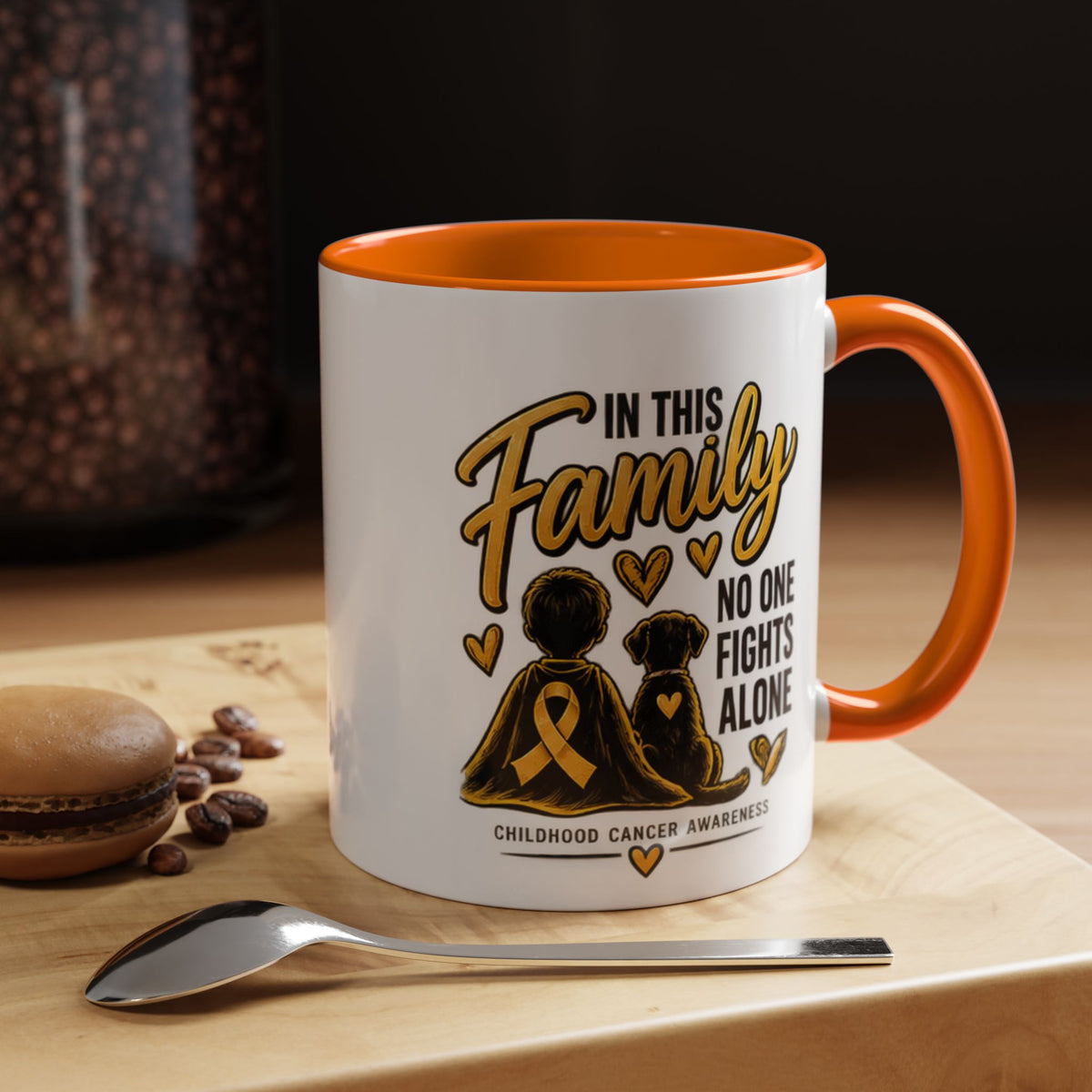 Childhood Cancer Awareness Coffee Mug — "In This Family No One Fights Alone"