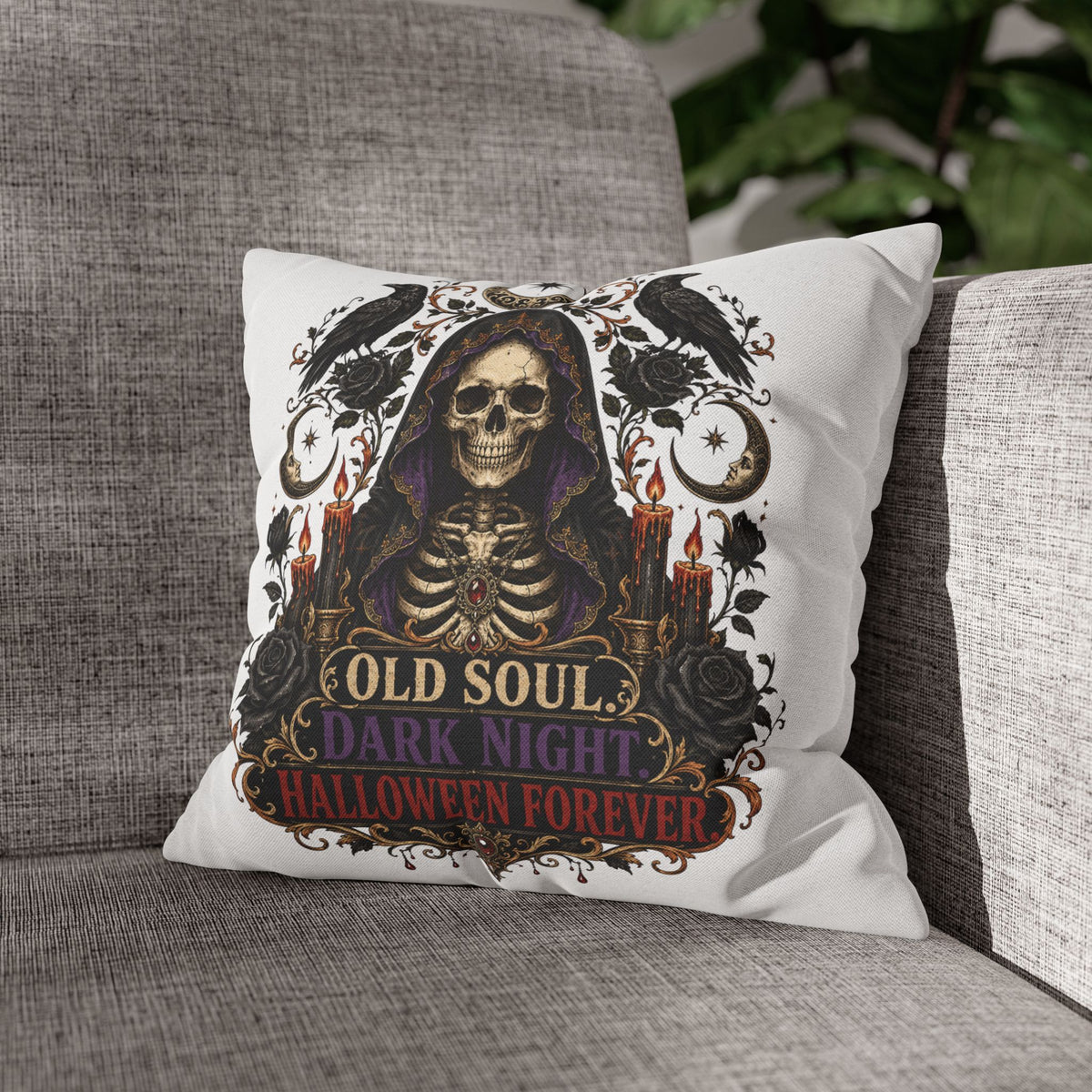Halloween Skull Pillowcase — "Old Soul Dark Night" Spun Polyester Square Pillow