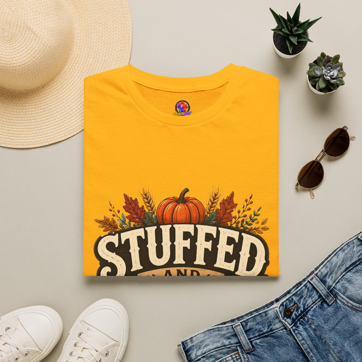 Thanksgiving T-Shirt Stuffed and Thankful T-Shirt — Thanksgiving Pumpkin Fall Graphic Tee