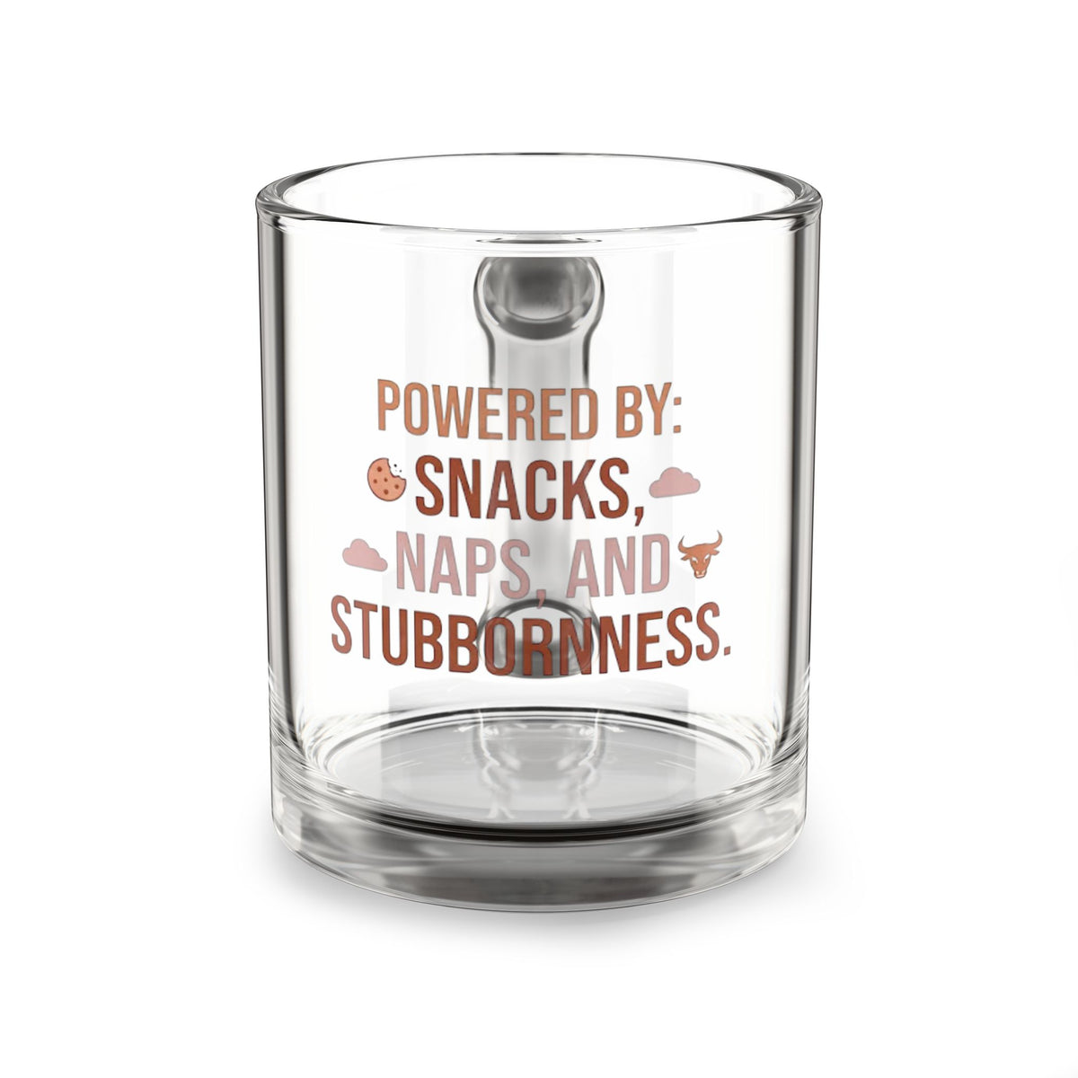 Taurus Zodiac Glass Mug  — "Powered by Snacks, Naps and Stubbornness" Funny Coffee Cup