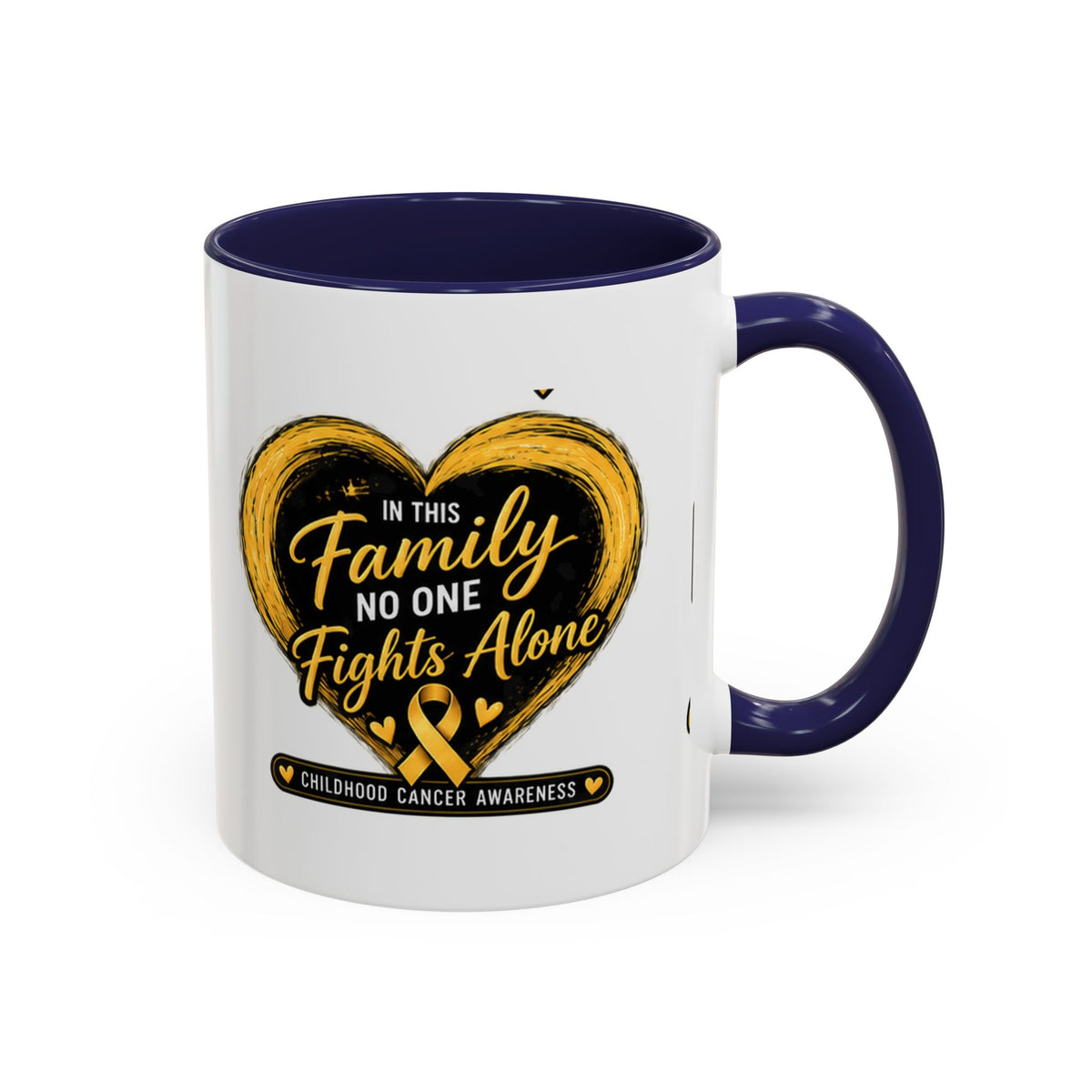 Childhood Cancer Awareness Accent Coffee Mug — "In This Family No One Fights Alone"