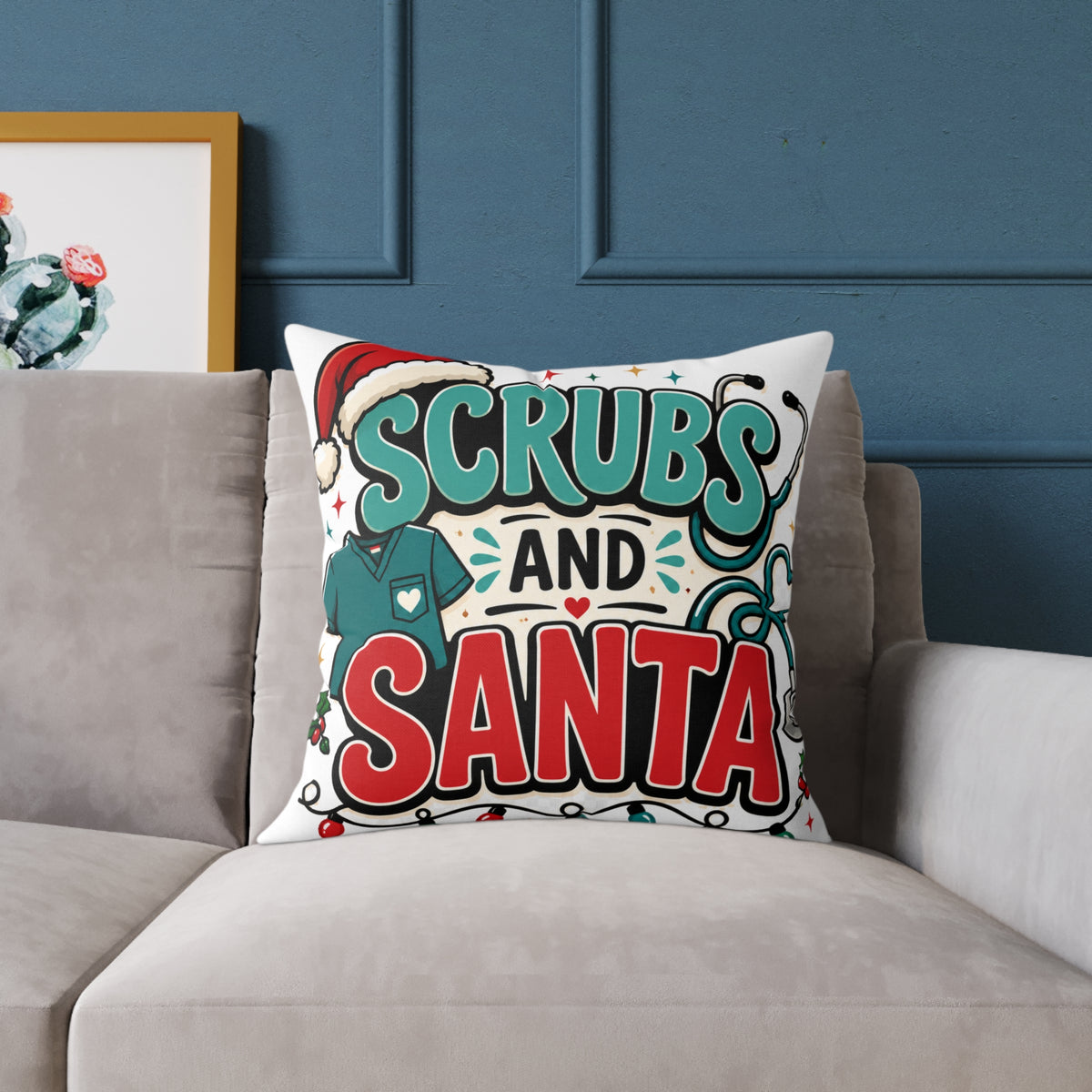 Scrubs and Santa Holiday Modern Day Christmas  Pillow — Christmas Nurse Decorative Cushion