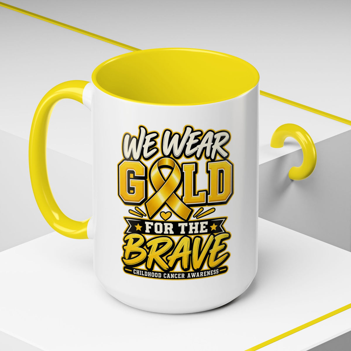 Childhood Cancer Awareness Accent Coffee Mug – "We Wear Gold for the Brave" (11/15 oz)
