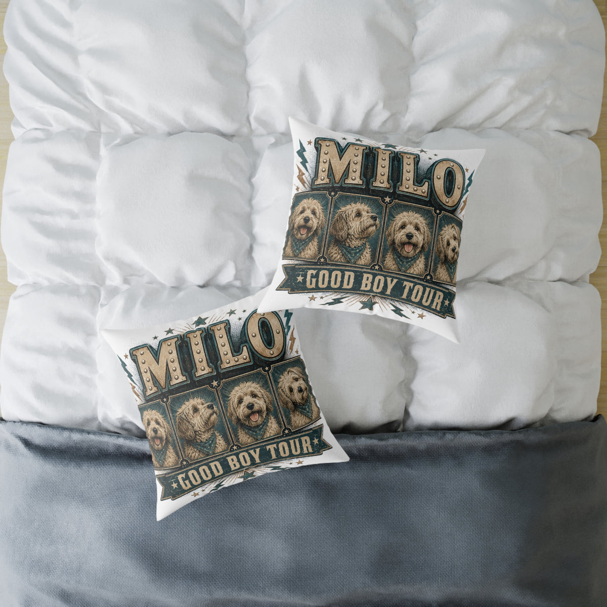 Milo "Good Boy Tour" Square Throw Pillow  Milo Bailey Dog Dad Mom