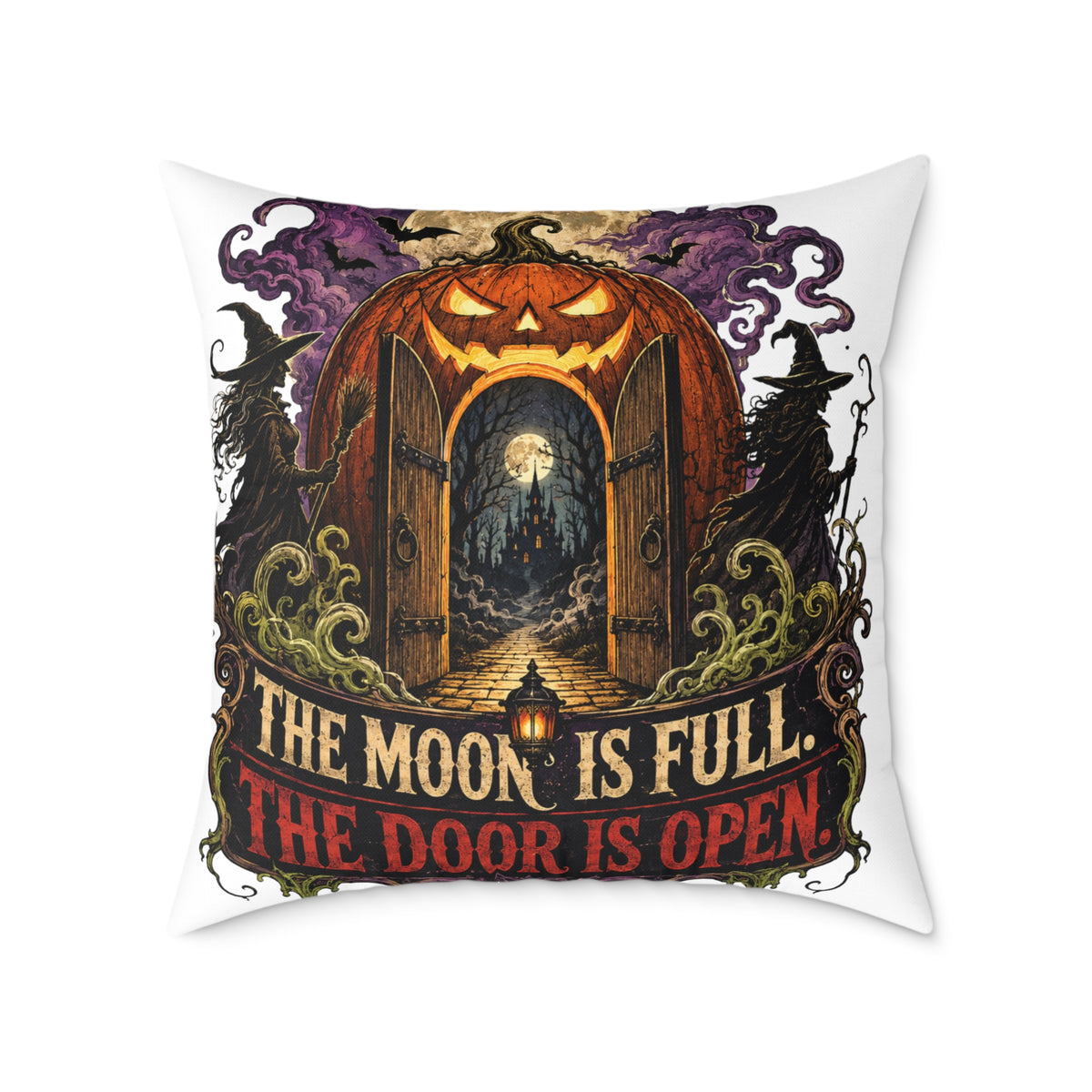 Halloween Pumpkin Door Pillow — "The Moon Is Full, The Door Is Open" Decorative Throw Pillow