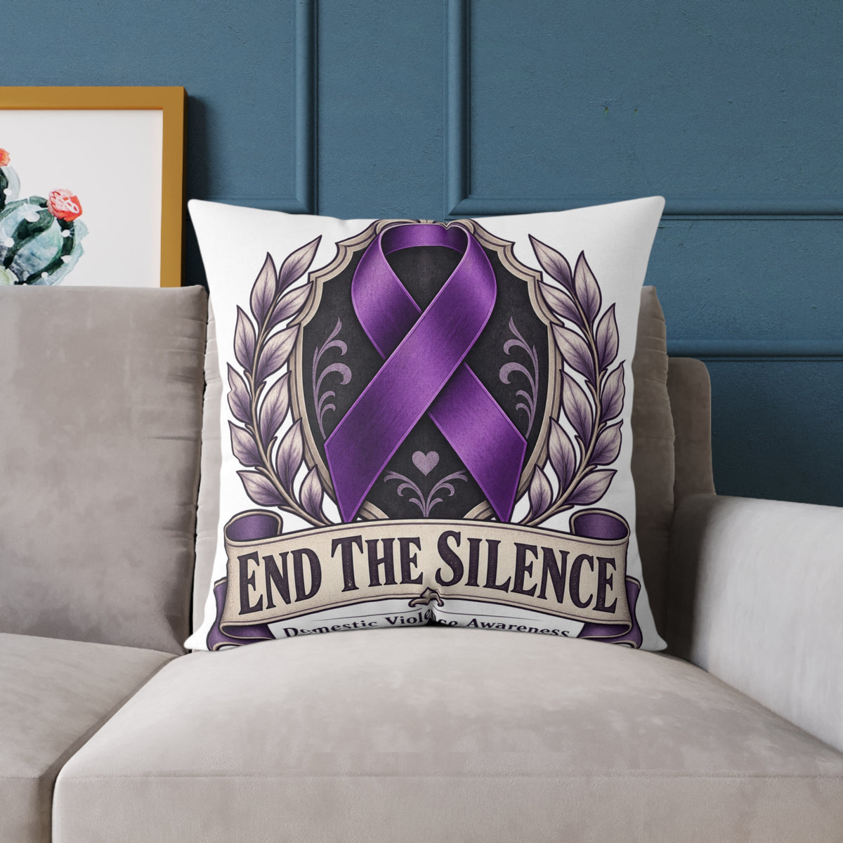 End the Silence Purple Ribbon Square Pillow - Domestic Violence Awareness Throw Pillow