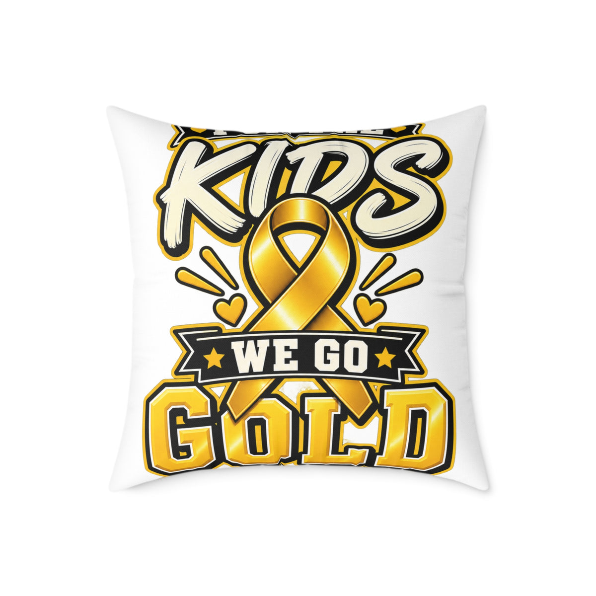 We Go Gold Kids Ribbon Square Throw Pillow — Childhood Cancer Awareness Decor
