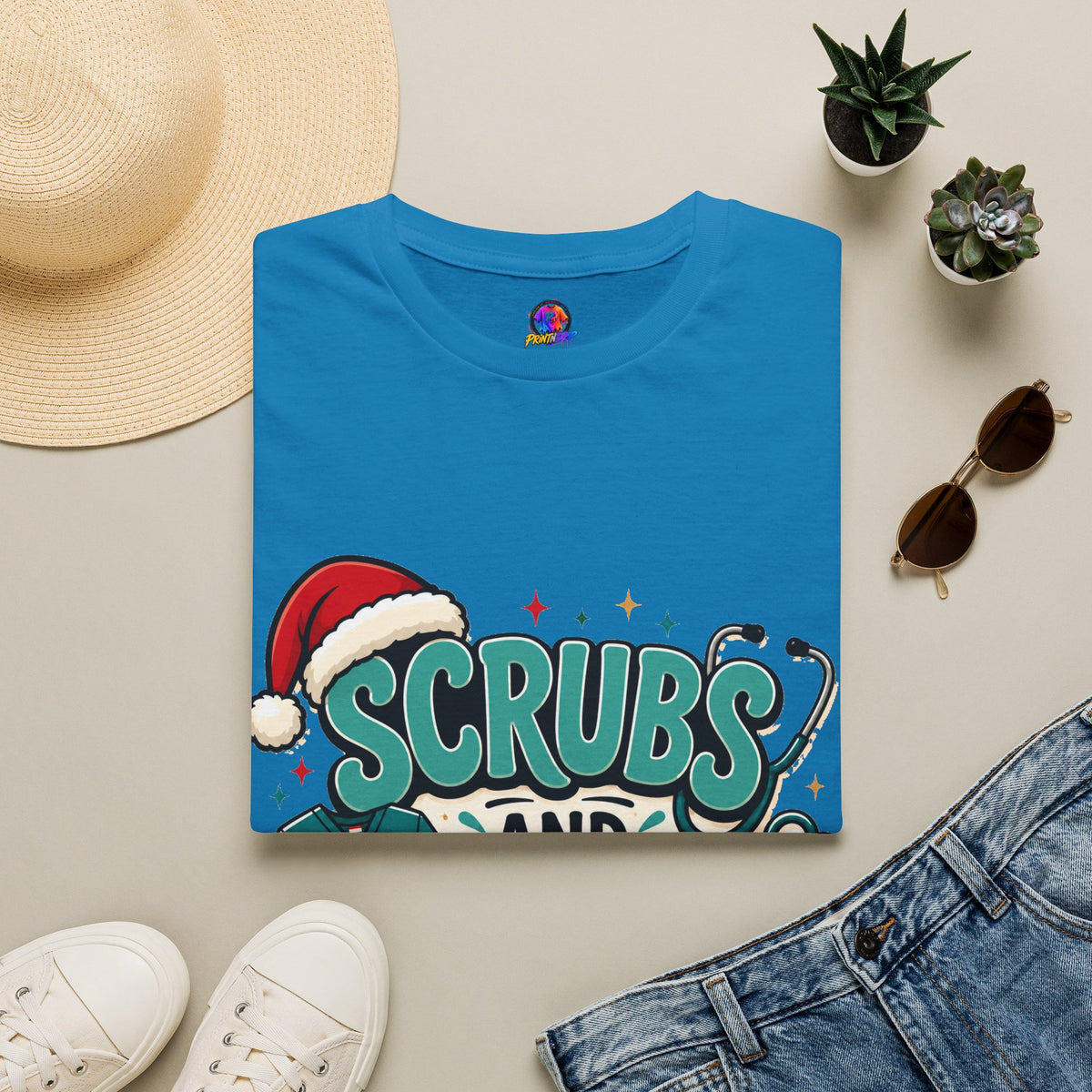 Scrubs and Santa Christmas T-Shirt — Cute Holiday Nurse Tee