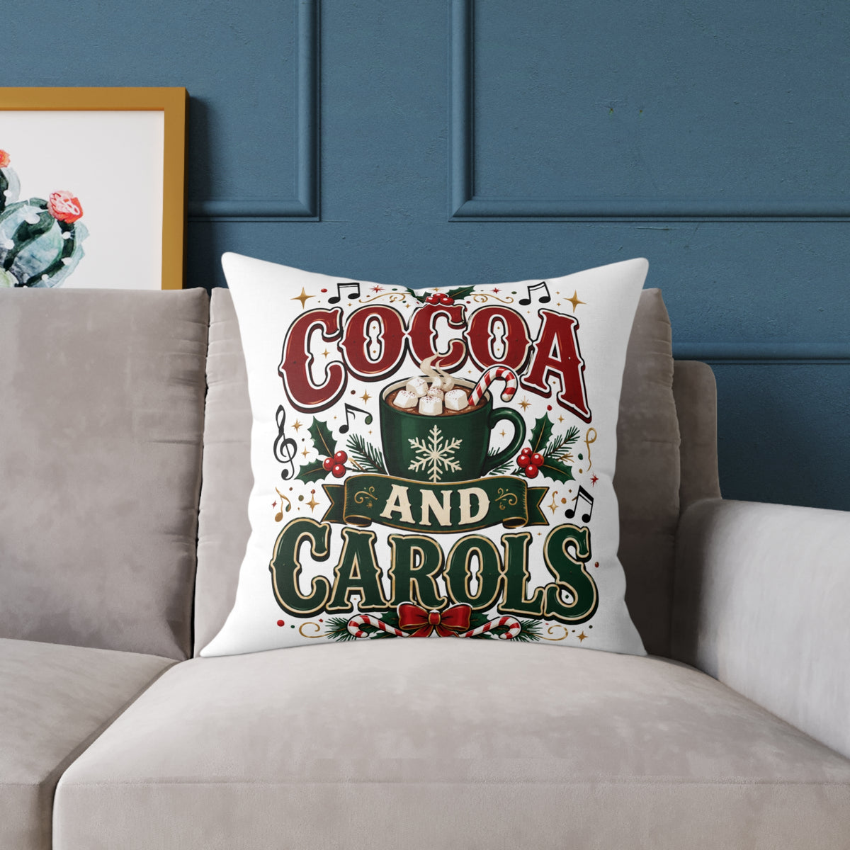 Christmas Cocoa and Carols Square Pillow — Holiday Hot Cocoa Christmas Decor
