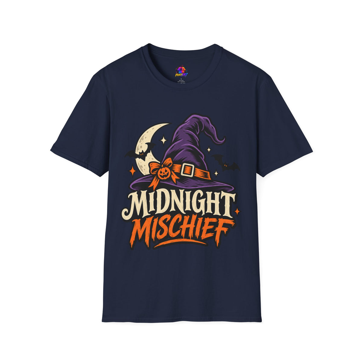 Midnight Mischief Halloween T-Shirt — Witch Hat & Bats Graphic