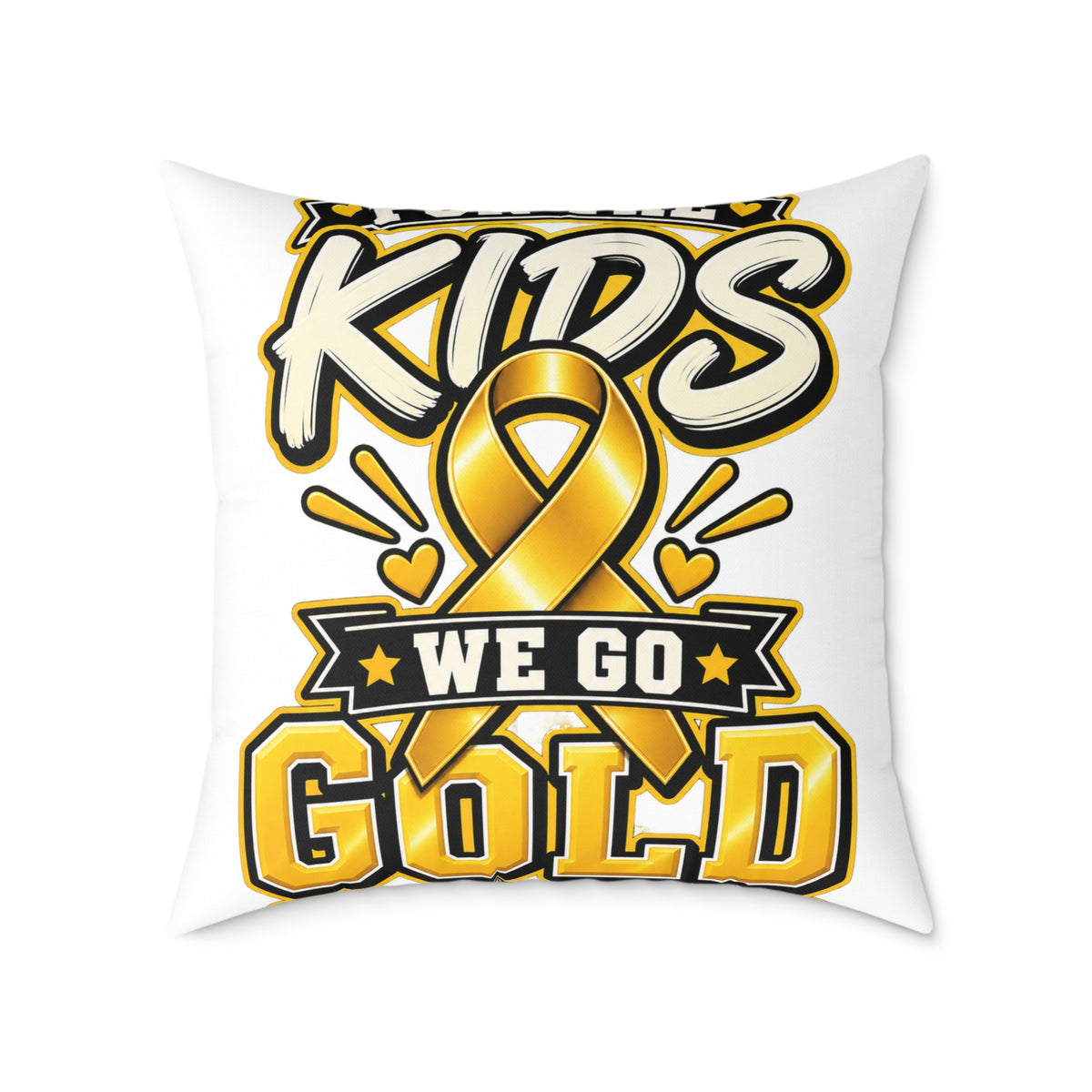 We Go Gold Kids Ribbon Square Throw Pillow — Childhood Cancer Awareness Decor