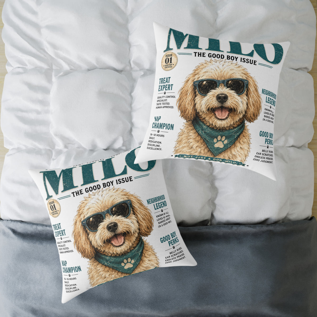 Milo 'The Good Boy Issue' Square Throw Pillow - Milo Bailey Dog Dad Mom Cute Dog Magazine Cover Decor