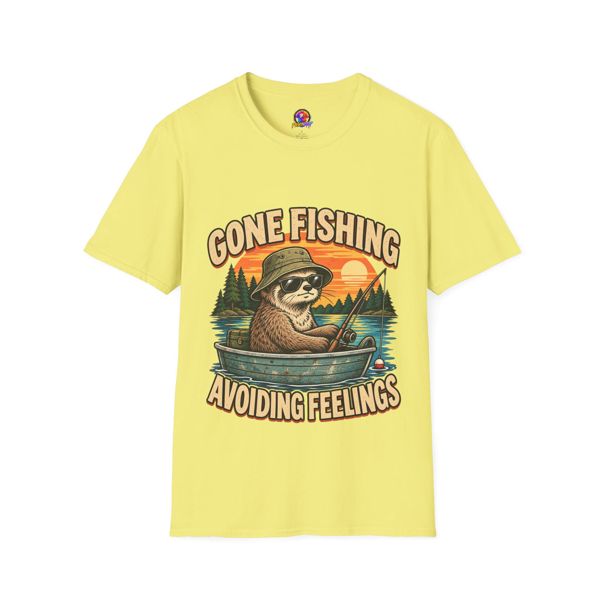Funny And Witty T-Shirt — “Gone Fishing, Avoiding Feelings” Sloth Fishing Graphic Tee