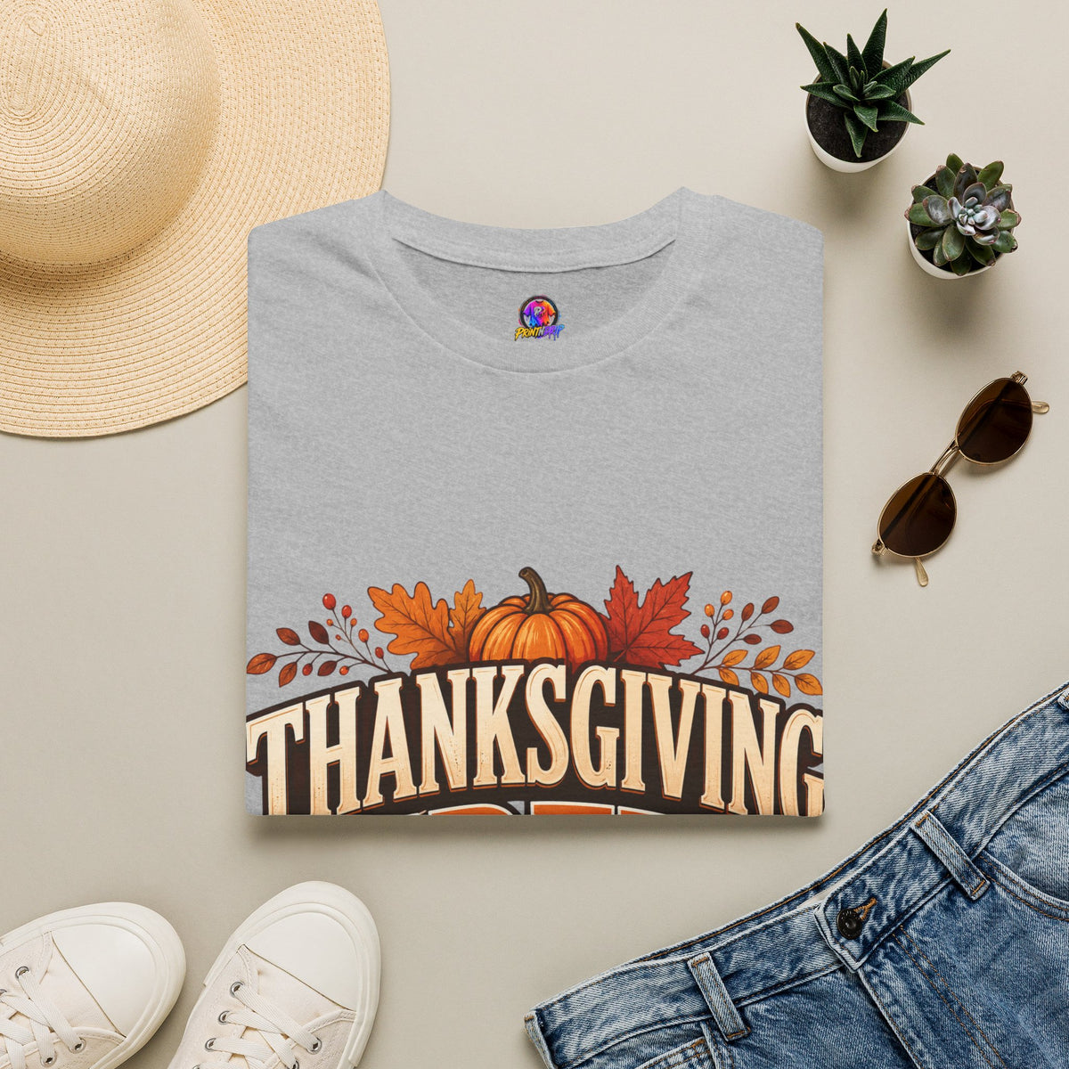 Thanksgiving T-Shirt Crew T-Shirt— Festive Pumpkin & Fall Leaves Holiday Tee