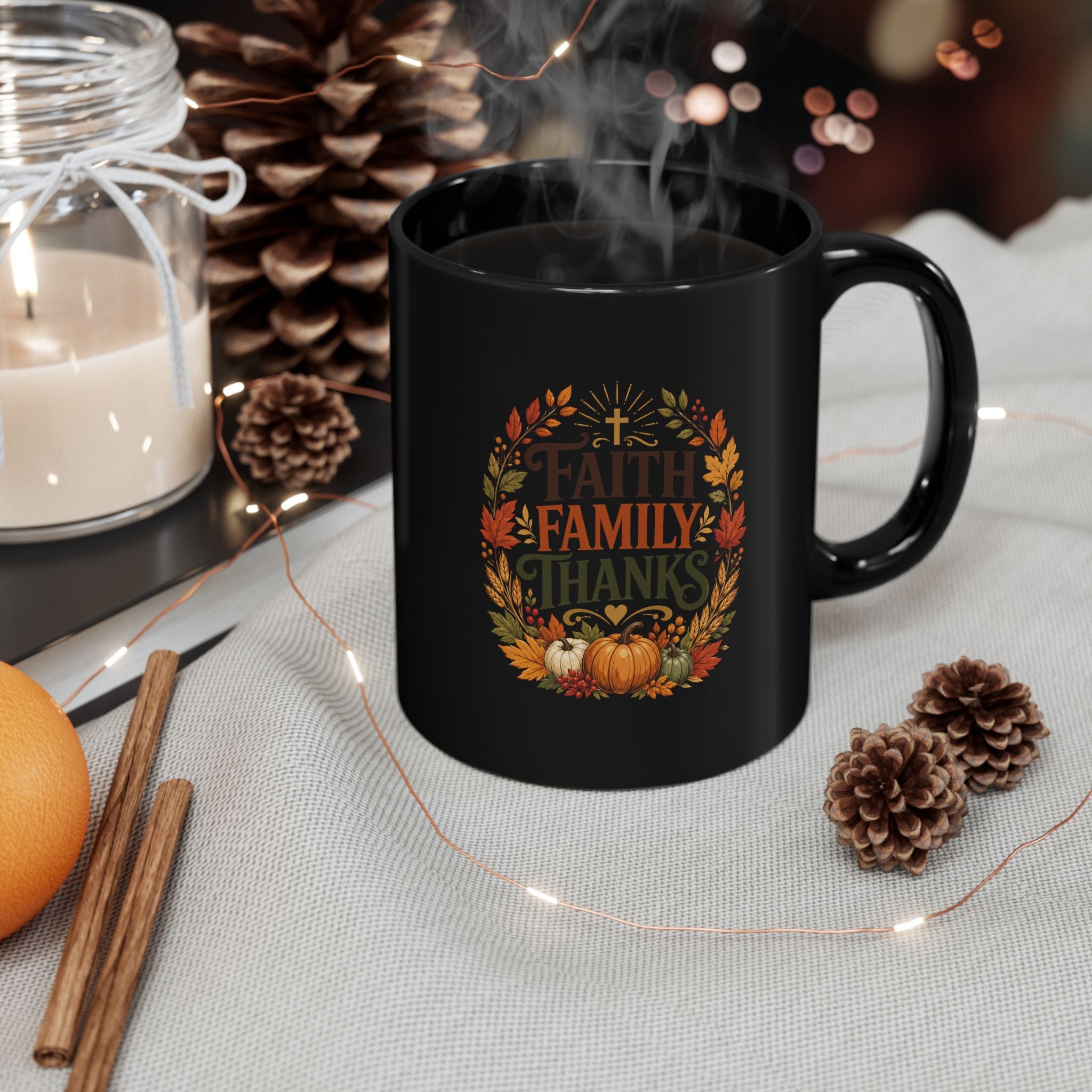 Thanksgiving Black Mug Faith Family Thanks Fall Thanksgiving Coffee Mug