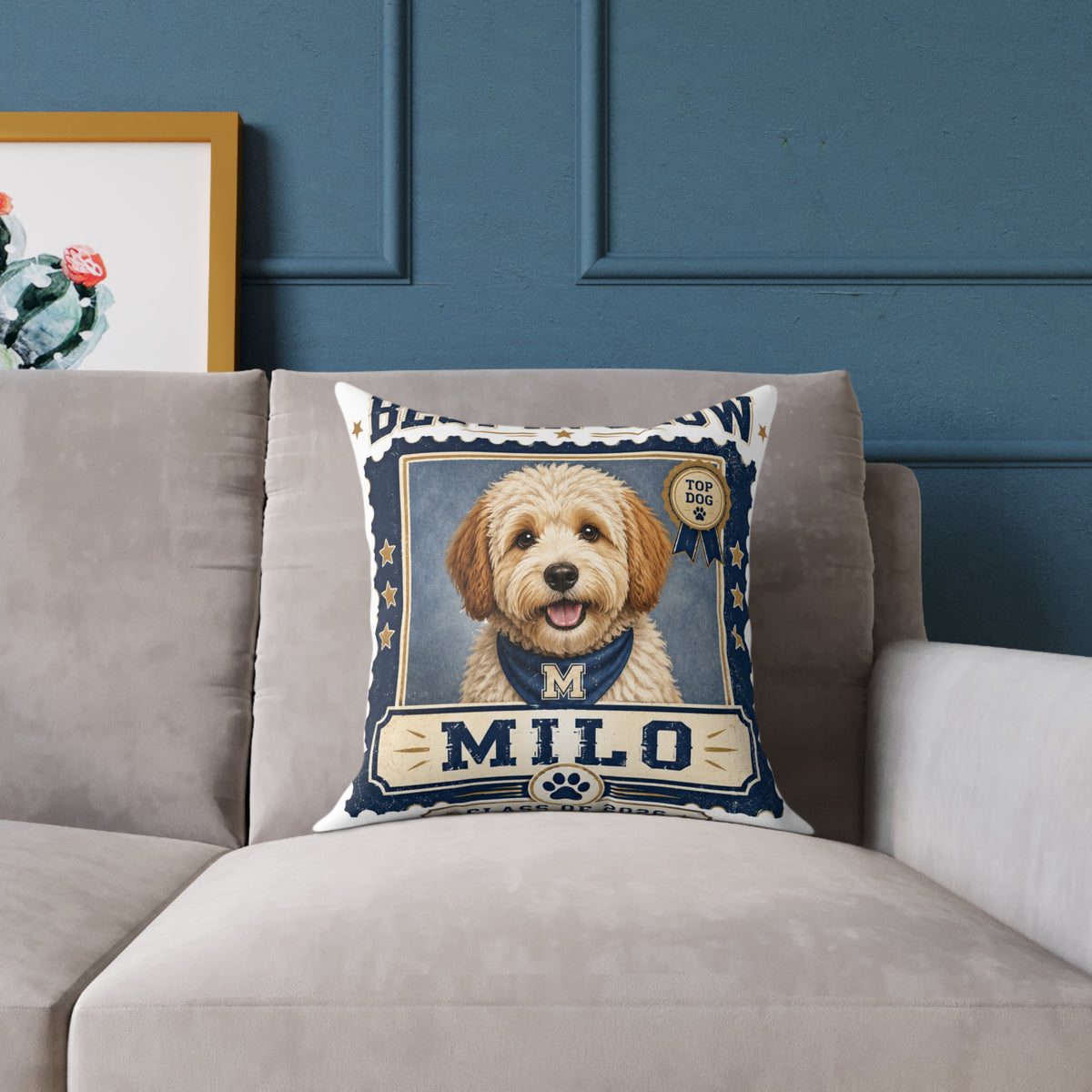 Personalized Dog Pillow  Milo Bailey Dog Dad Mom— 'Best at Show' Milo Pet Portrait Square Throw Pillow