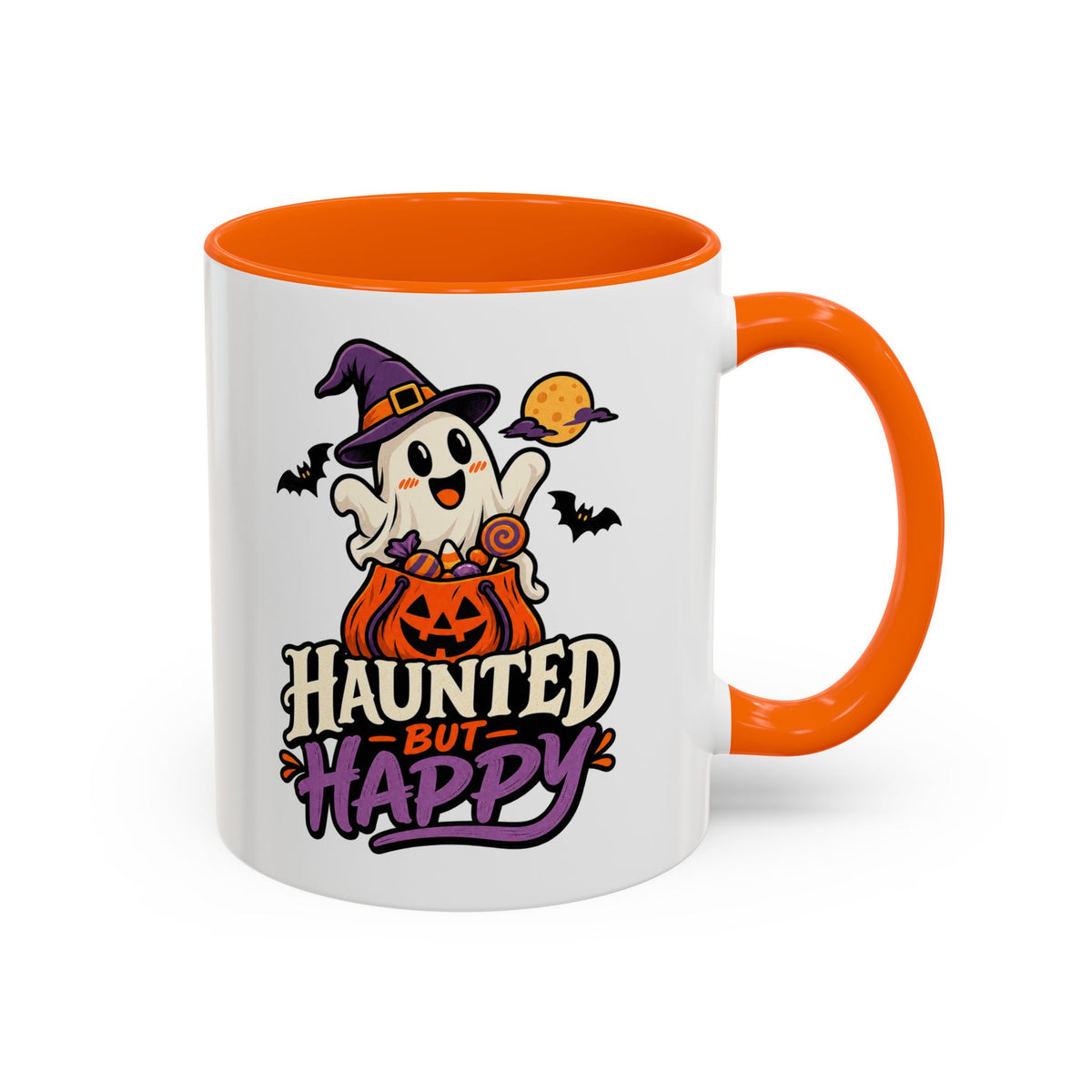 Haunted But Happy Coffee Mug — Halloween Ghost Pumpkin Accent Mug (11/15oz)