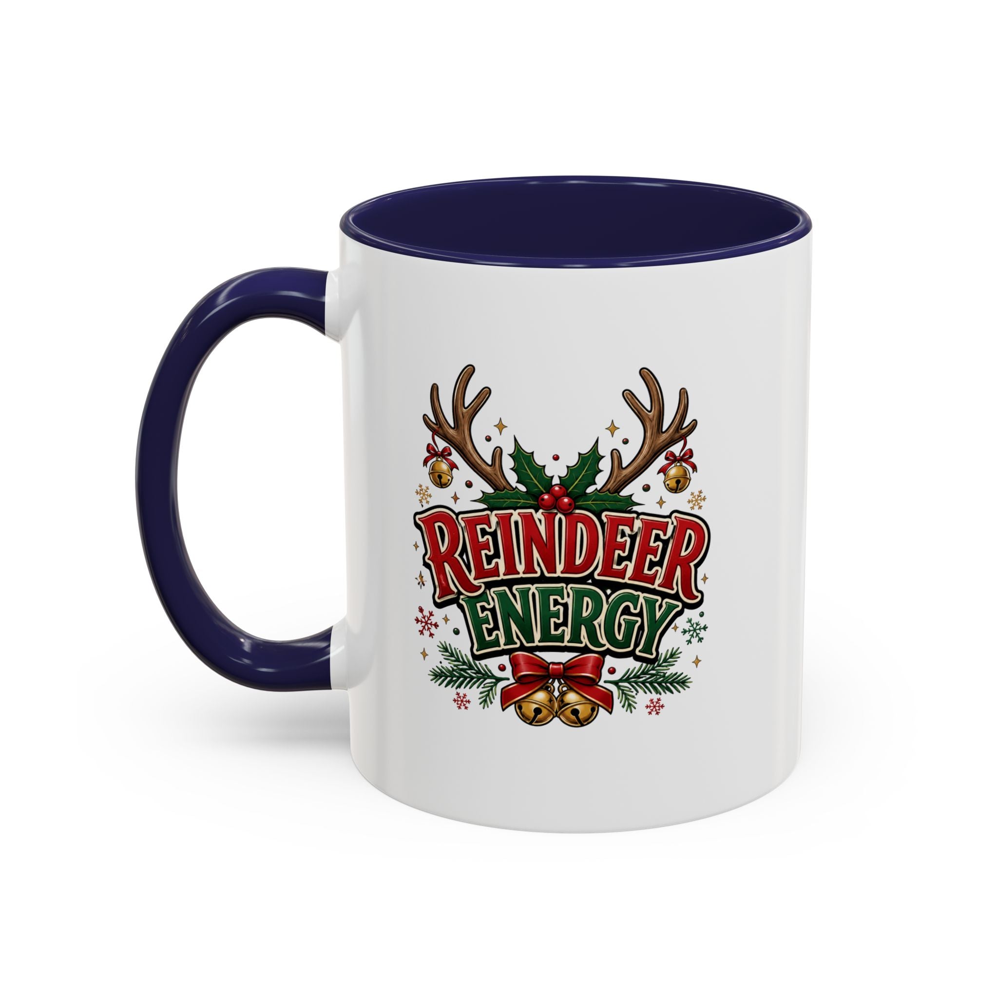 Reindeer Energy Coffee Mug – Holiday Christmas Antlers & Bells Accent Mug