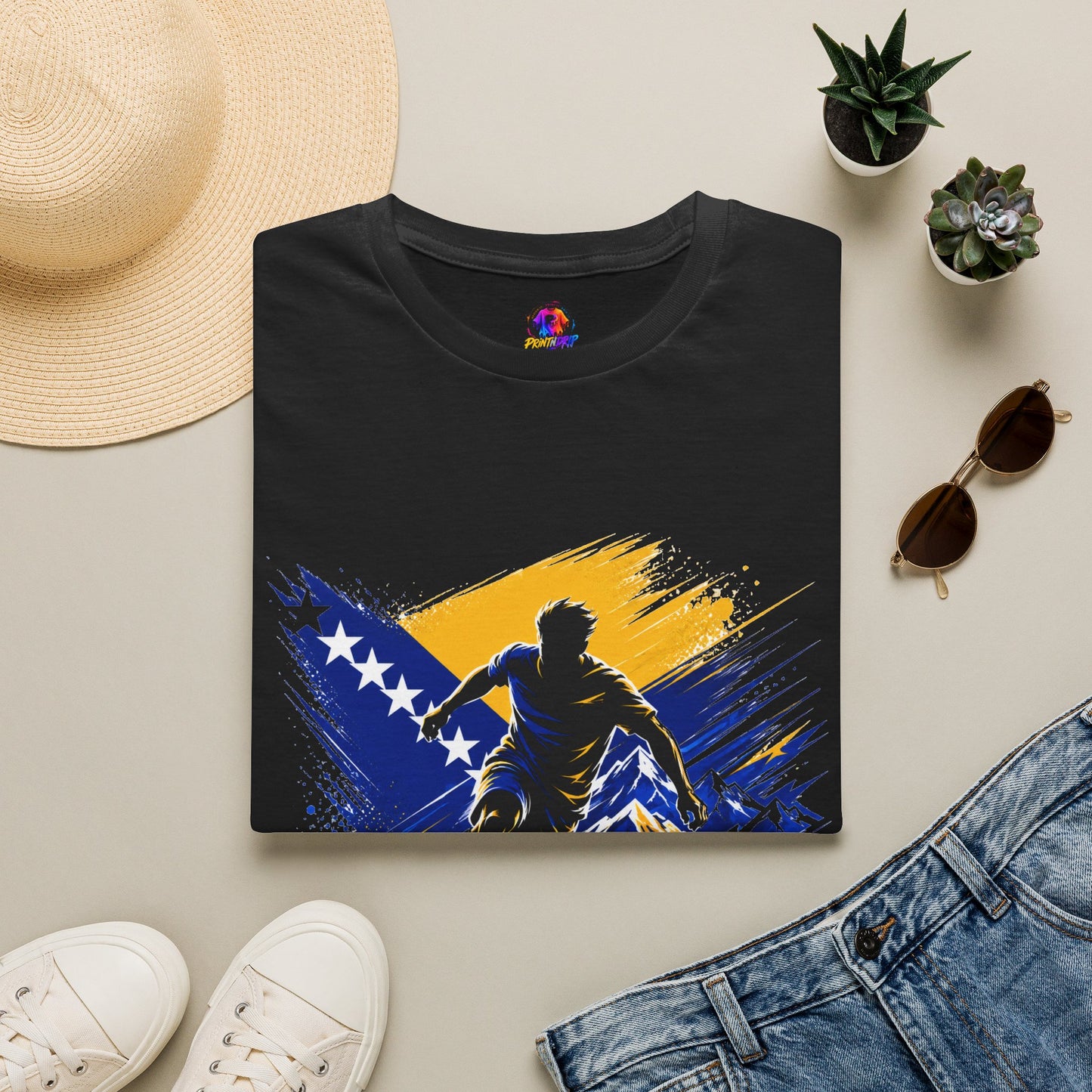 Bosnia Football T‑Shirt - "Blue Gold Rise" Soccer Graphic Tee