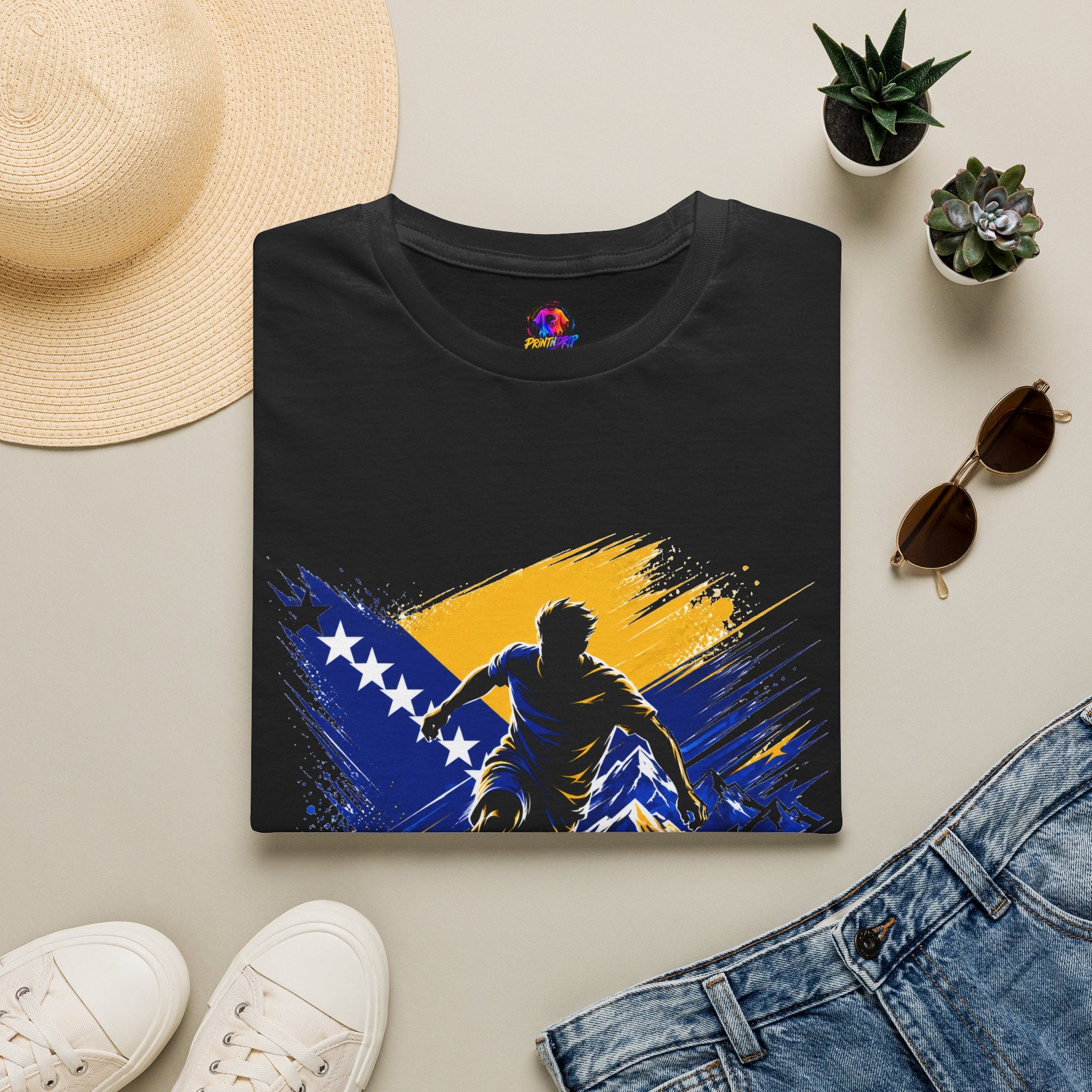 Bosnia Football T‑Shirt - "Blue Gold Rise" Soccer Graphic Tee