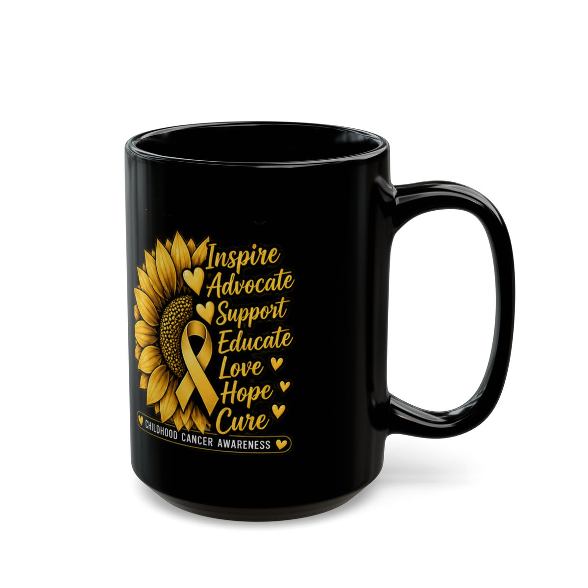 Childhood Cancer Awareness Sunflower Mug – Inspire Advocate Support Educate Love Hope Cure (Black, 11oz/15oz)