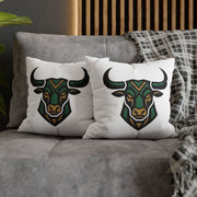 Taurus Geometric Bull Throw Pillowcase — Green Tribal Bull Accent Pillow