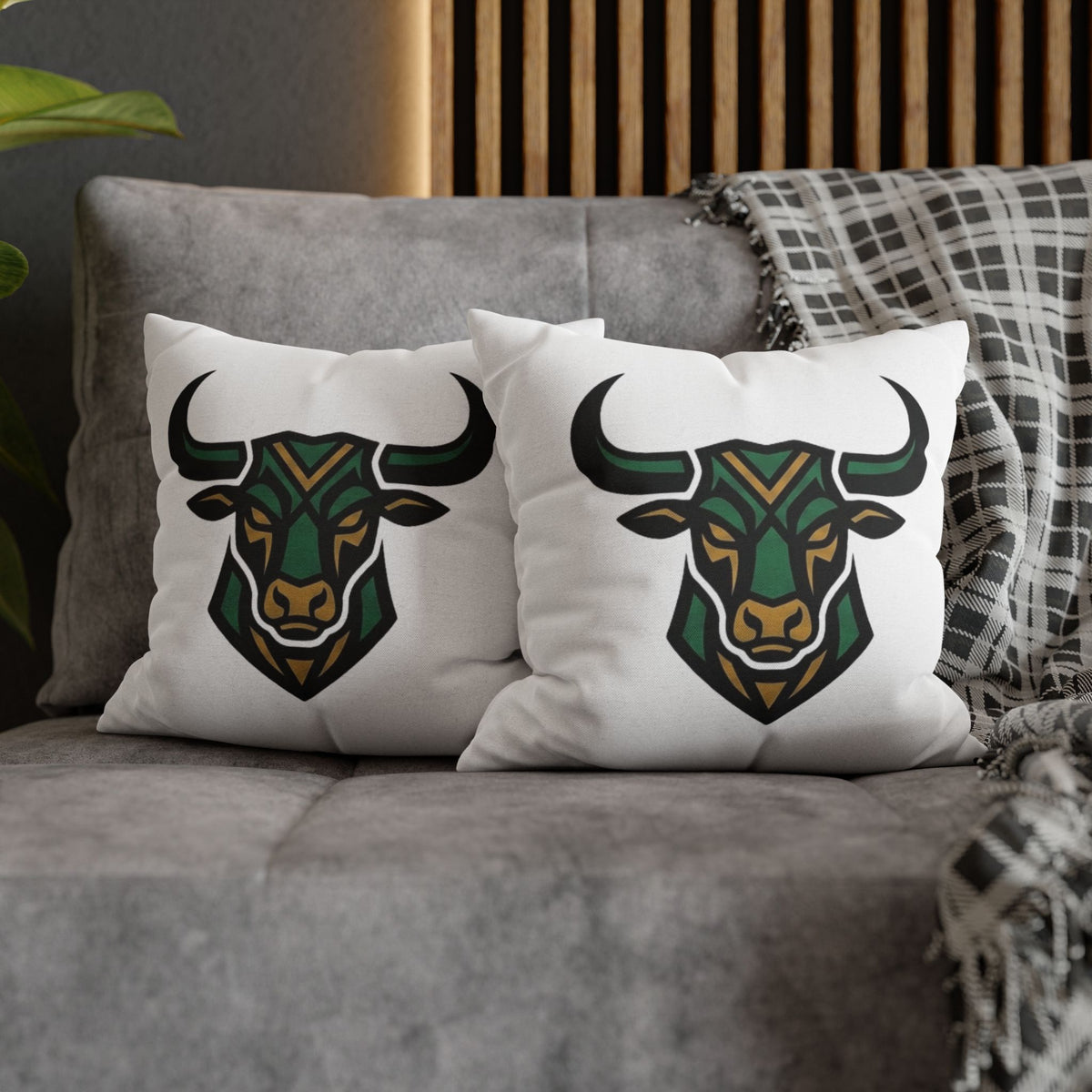 Taurus Geometric Bull Throw Pillowcase — Green Tribal Bull Accent Pillow