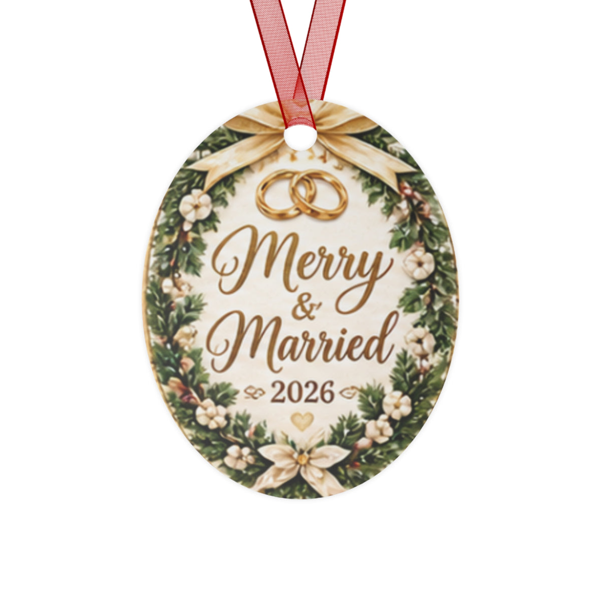 Merry & Married 2026 Metal Ornament — Wedding Keepsake Christmas  Holiday Decoration