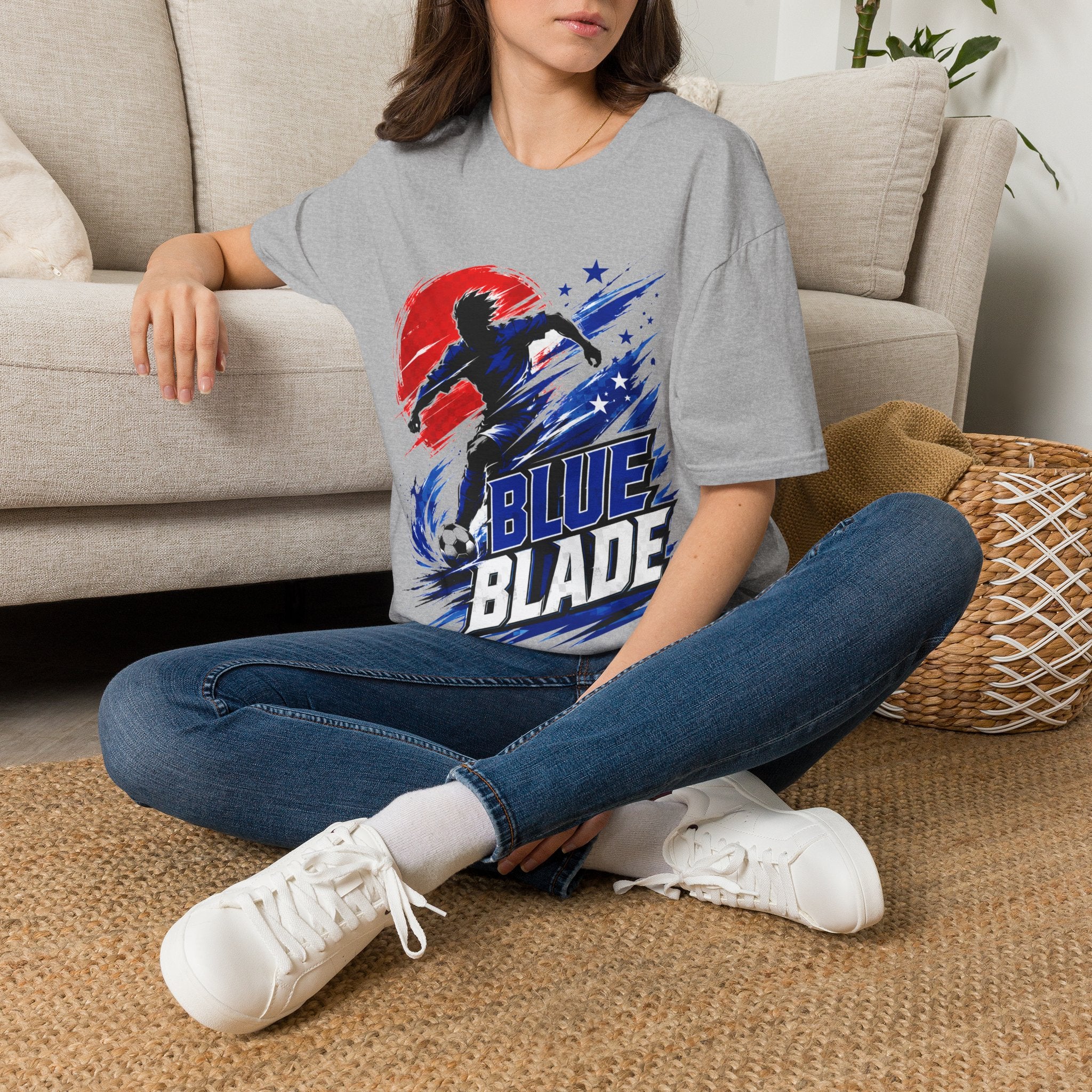 Japan T-Shirt — Blue Blade Soccer Graphic Tee (Red & Blue Starburst)