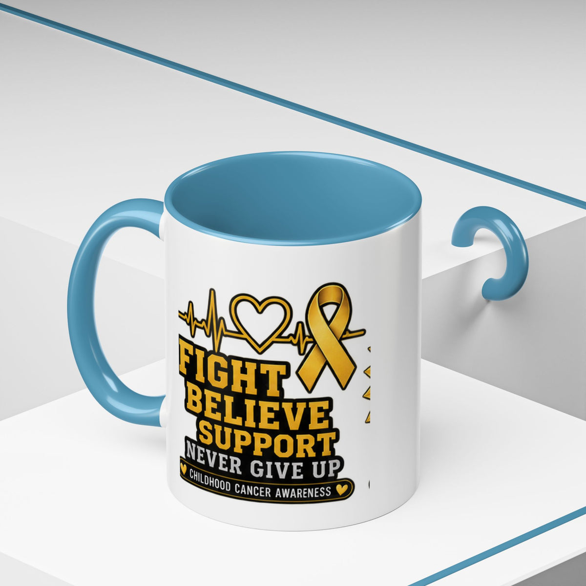 Childhood Cancer Awareness Accent Coffee Mug — "Fight Believe Support" 11/15oz