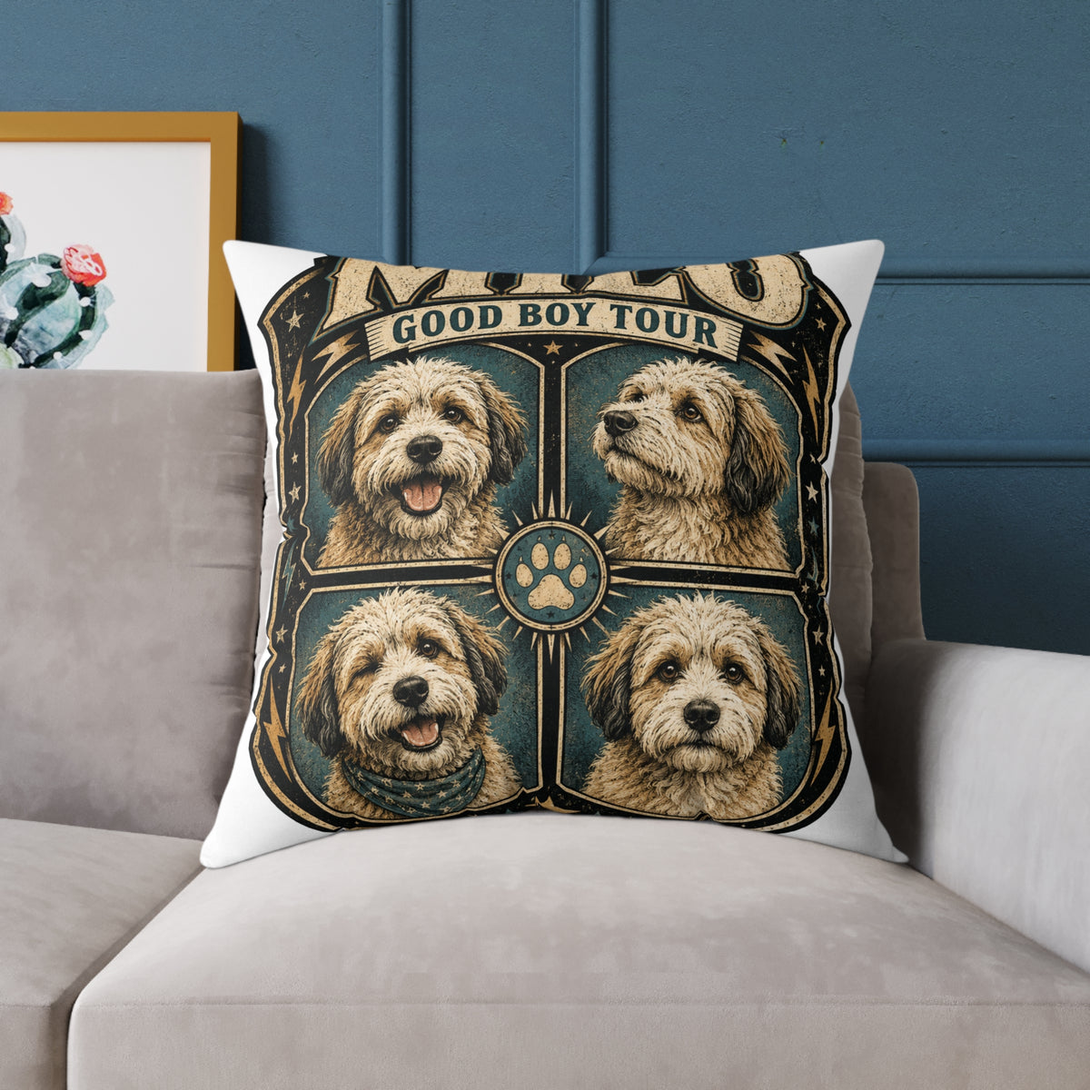Dog Portrait Pillow - "Good Boy Tour" Vintage Puppy Square Throw Pillow  Milo Bailey Dog Dad Mom