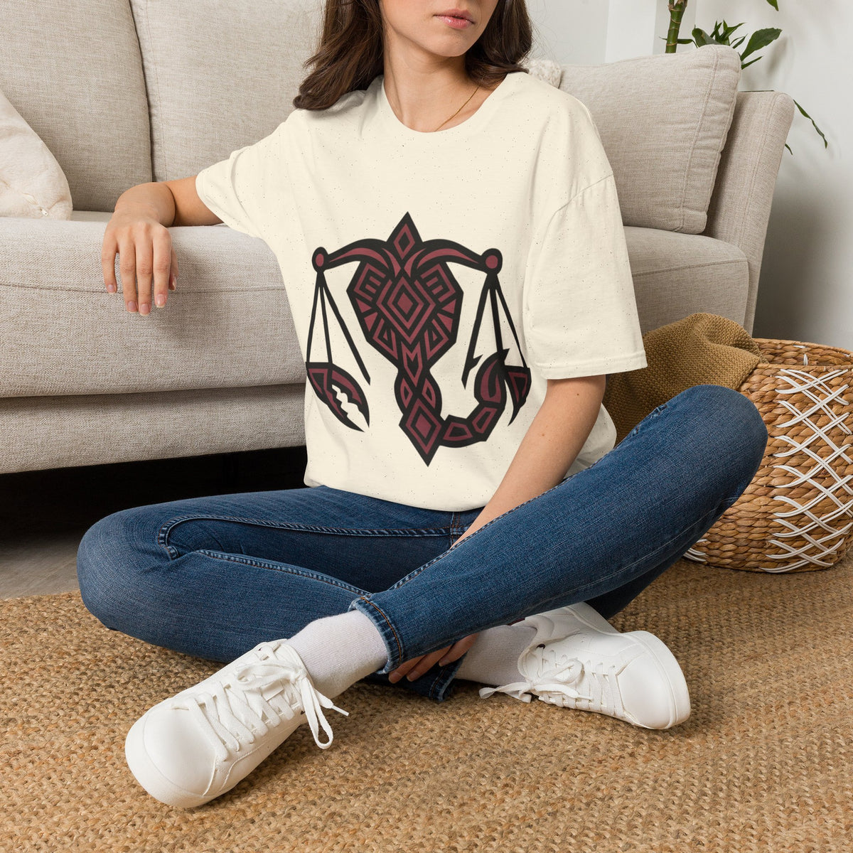 Libra Scales Graphic T‑Shirt — Tribal Zodiac Balance Design